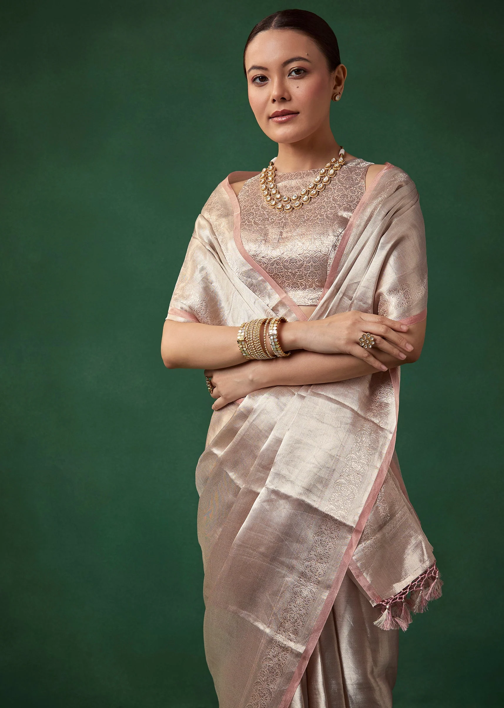 Silver Banarasi Tissue Silk Saree with Unstitched Blouse - Image 5