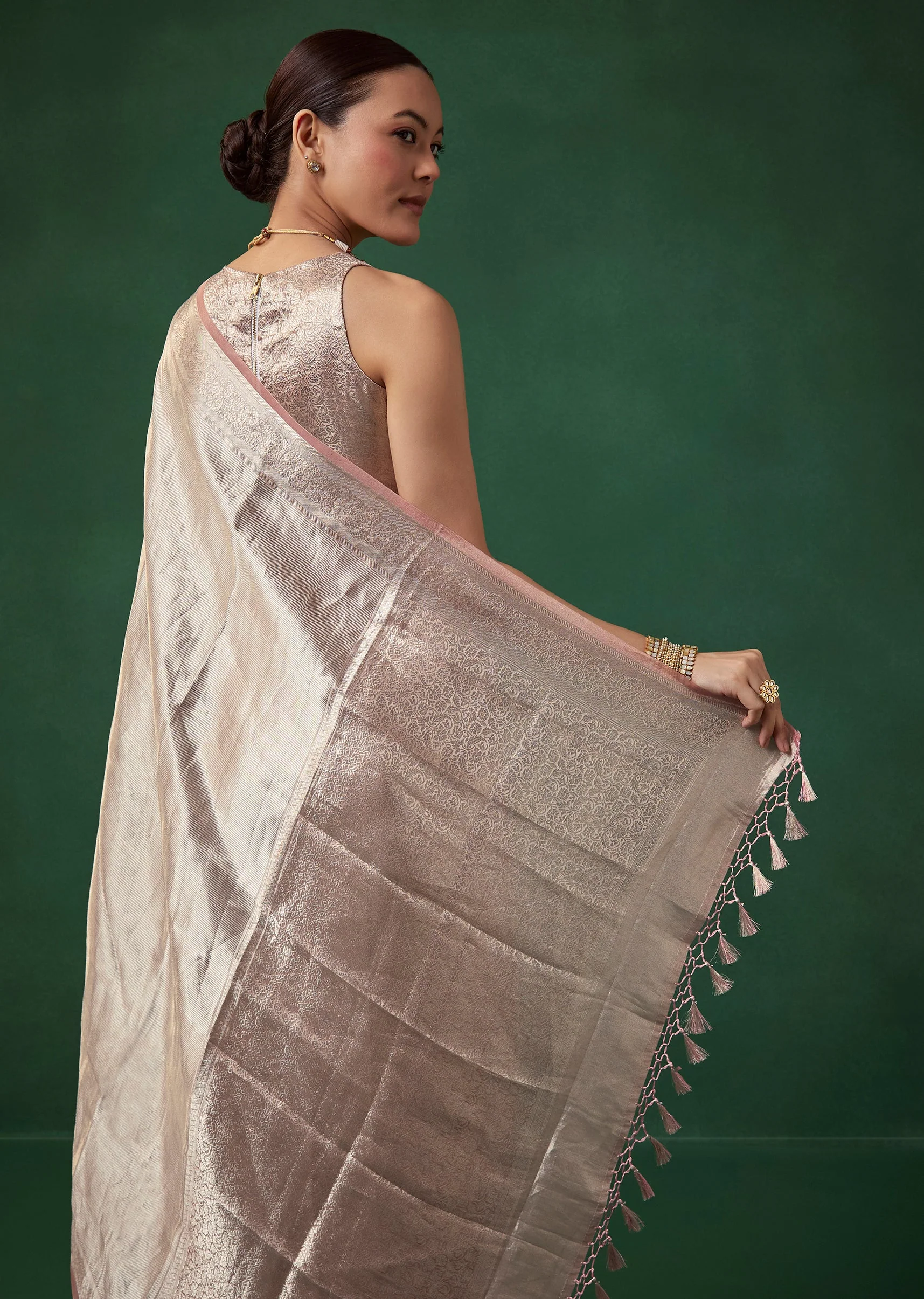 Silver Banarasi Tissue Silk Saree with Unstitched Blouse - Image 6