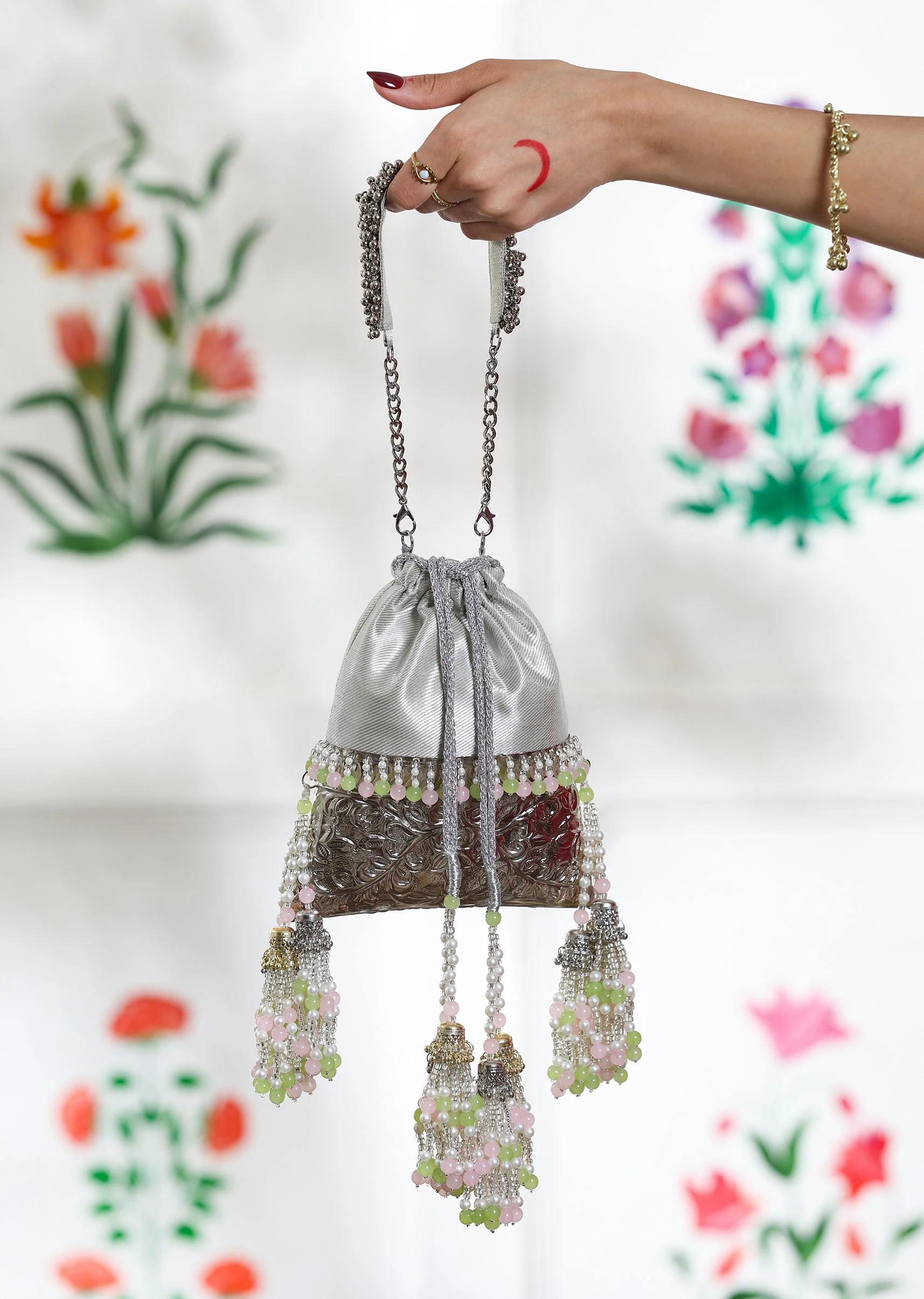 Silver Brocade Embellished Potli