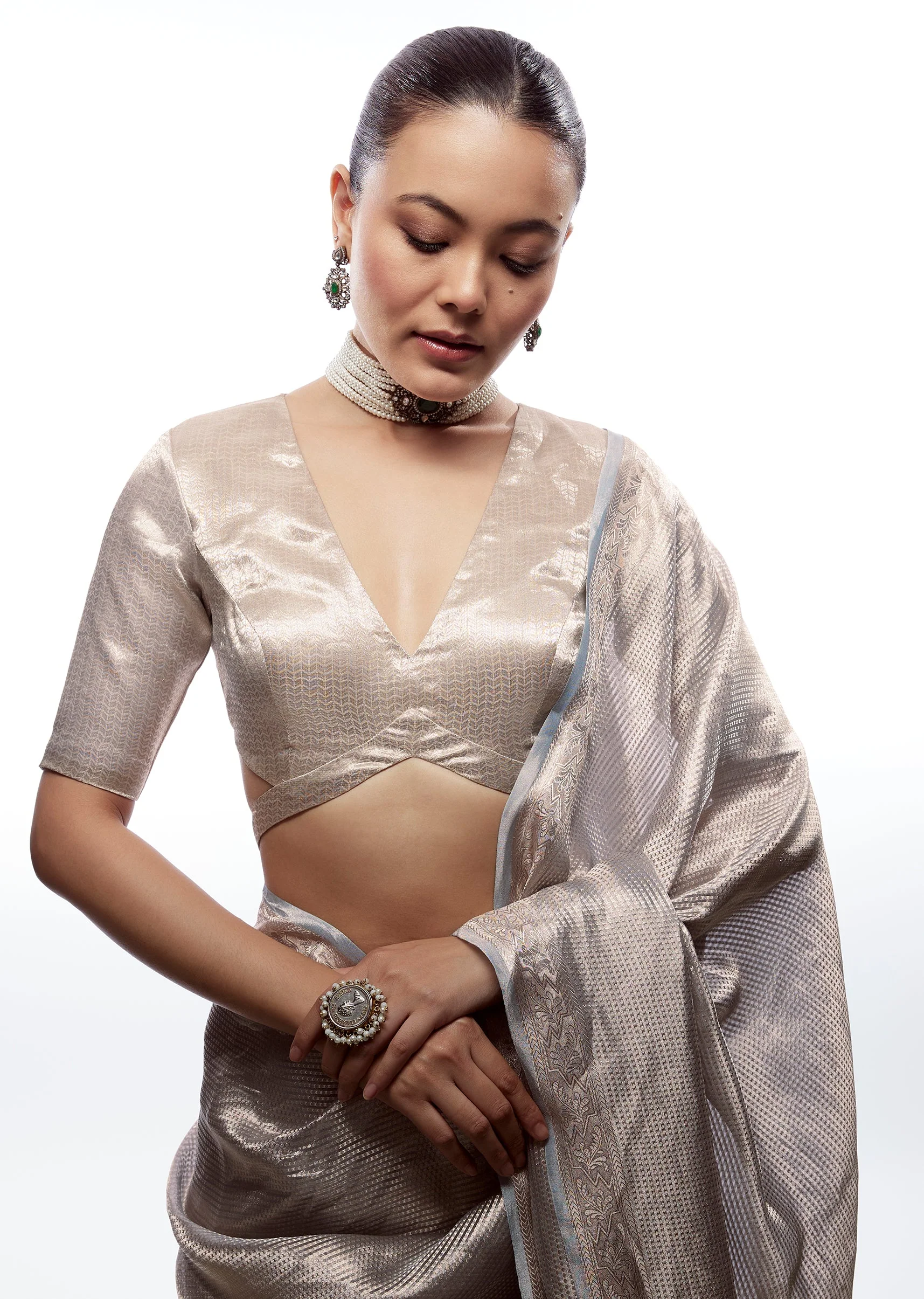 Silver Brocade V Neck Blouse