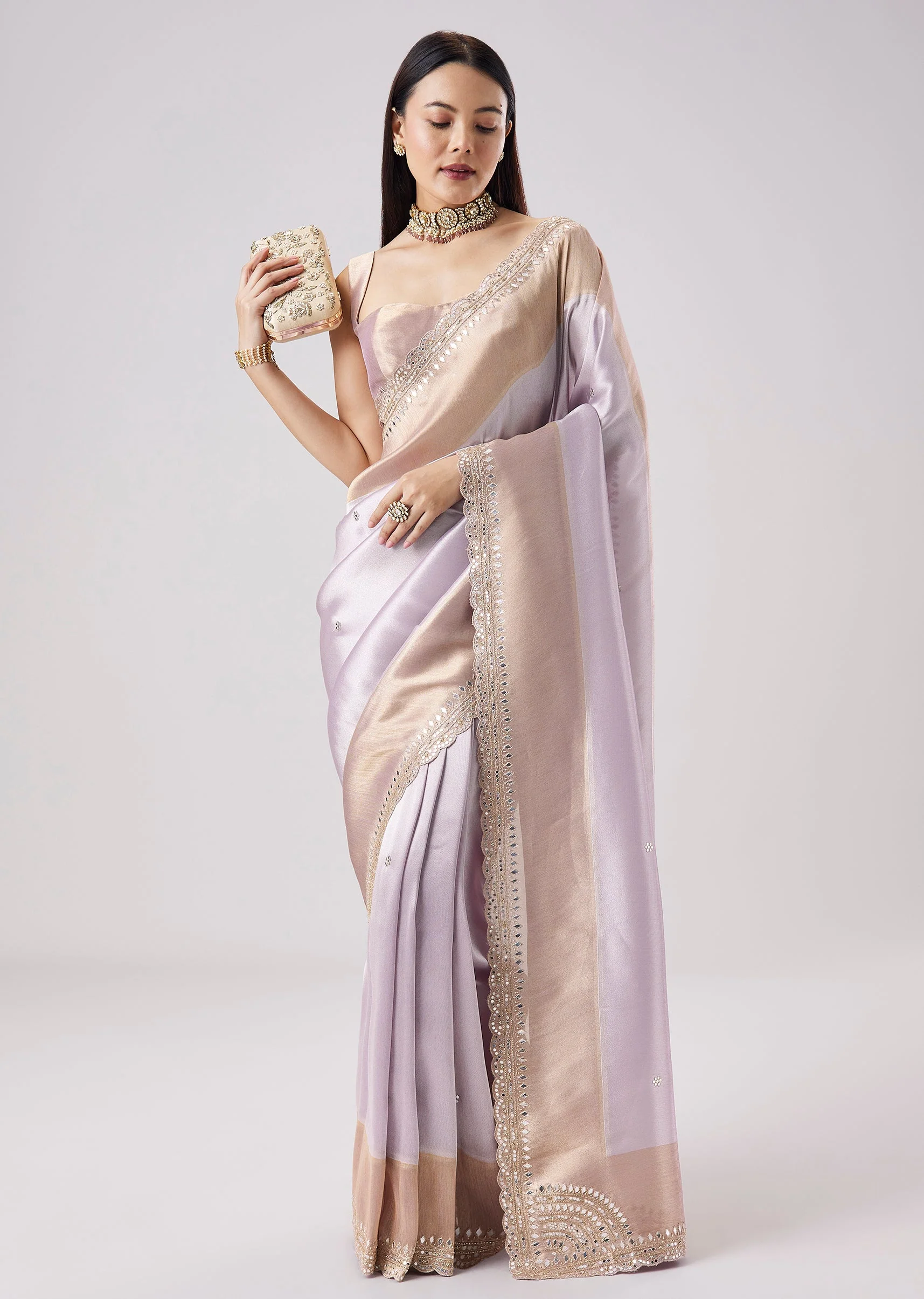 Silver Contrast Border Embroidered Saree With Unstitched Blouse