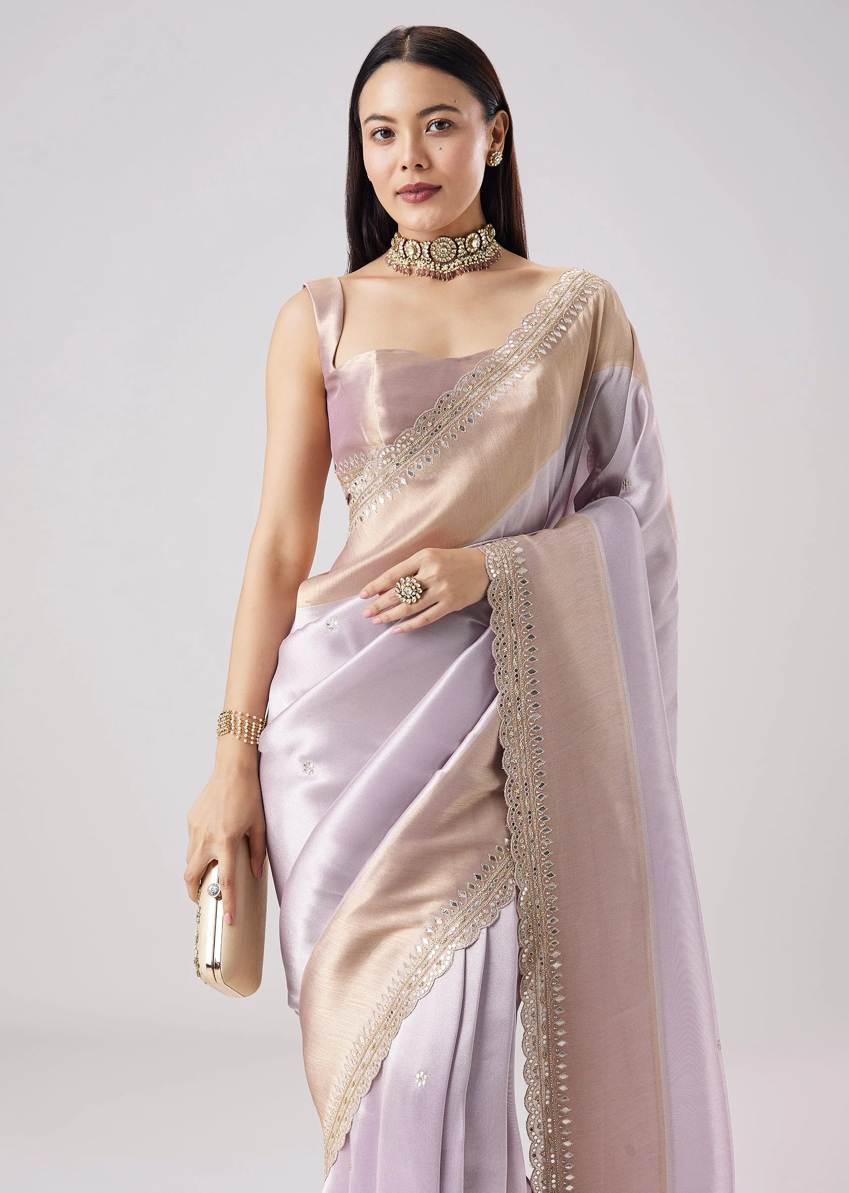Silver Contrast Border Embroidered Saree With Unstitched Blouse - Image 5