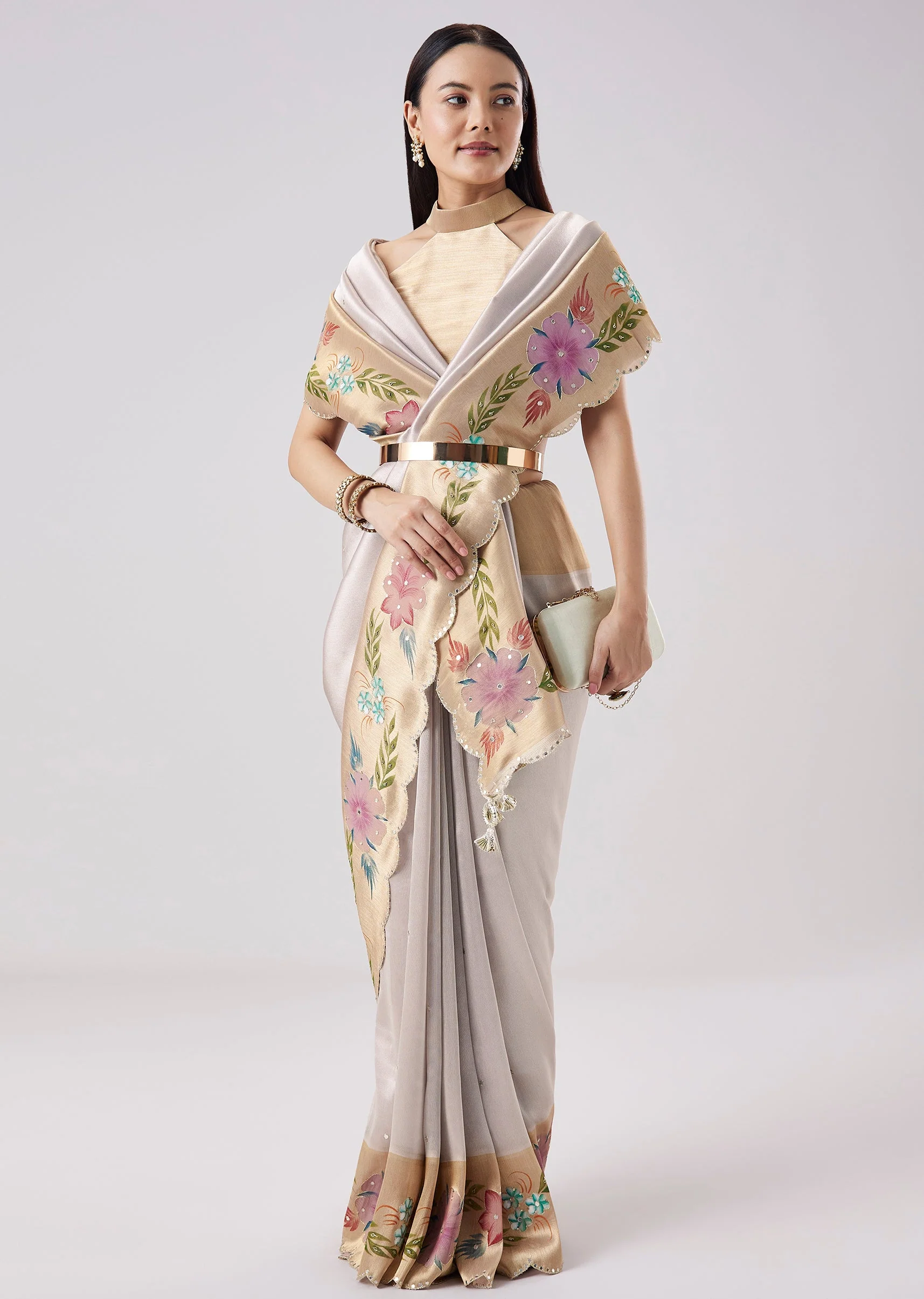 Silver Contrast Border Solid Saree With Unstitched Blouse
