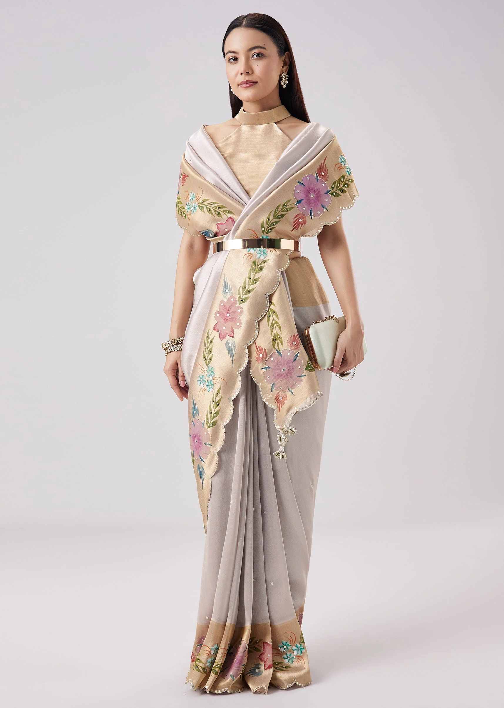 Silver Contrast Border Solid Saree With Unstitched Blouse - Image 3
