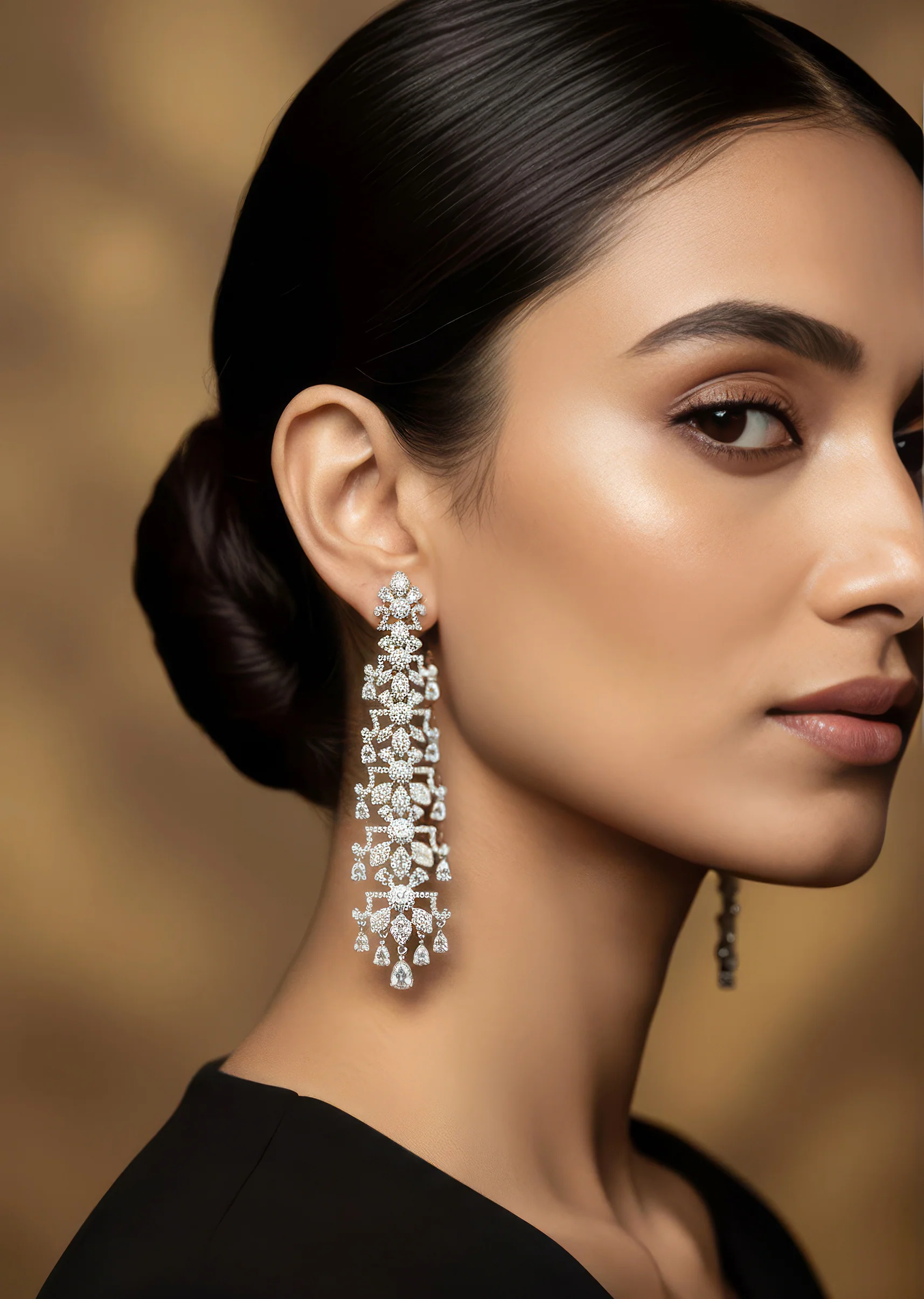 Silver CZ Diamond Rhodium-Plated Long Earrings in Anti-Tarnish Finish