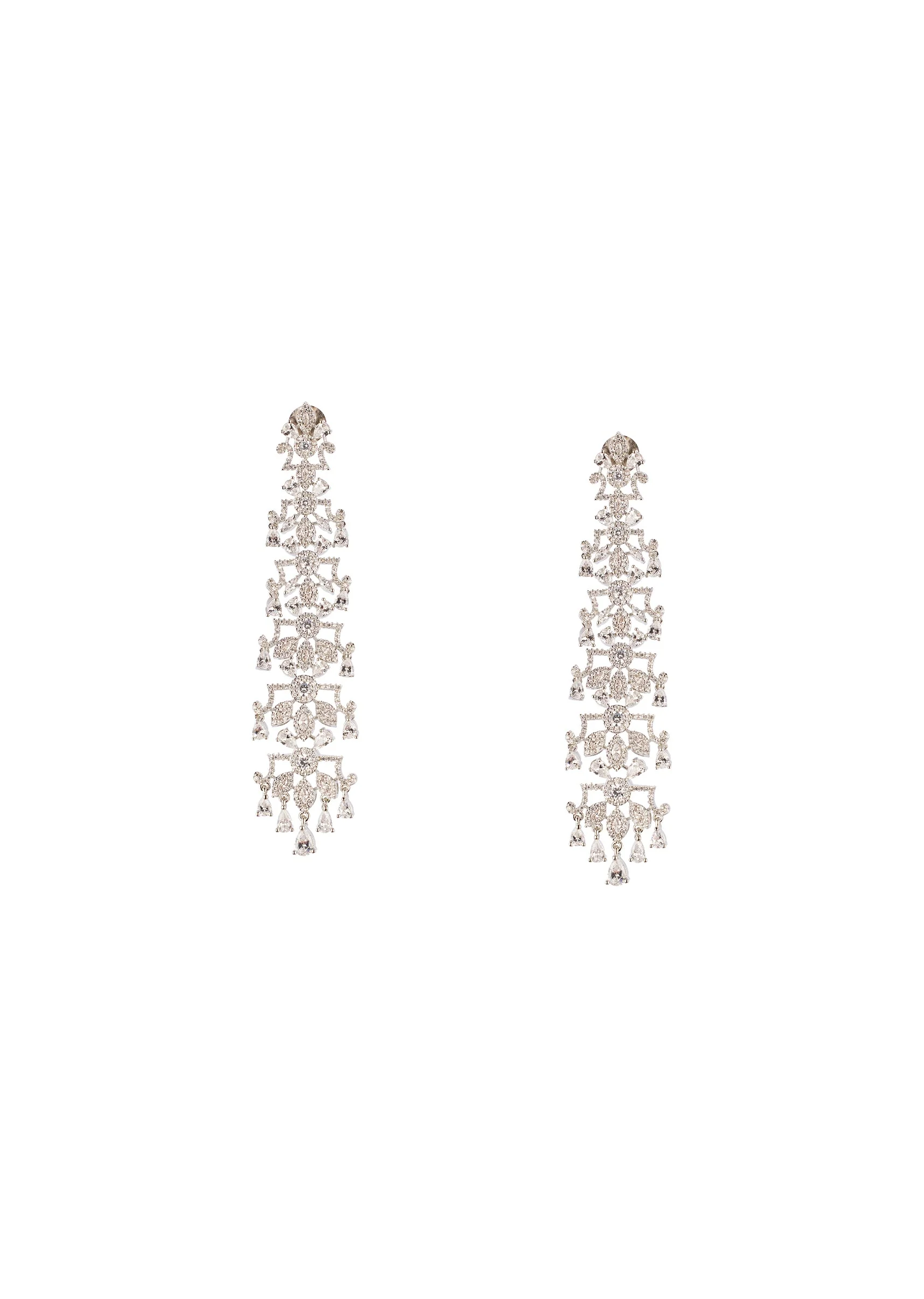 Silver CZ Diamond Rhodium-Plated Long Earrings in Anti-Tarnish Finish - Image 2