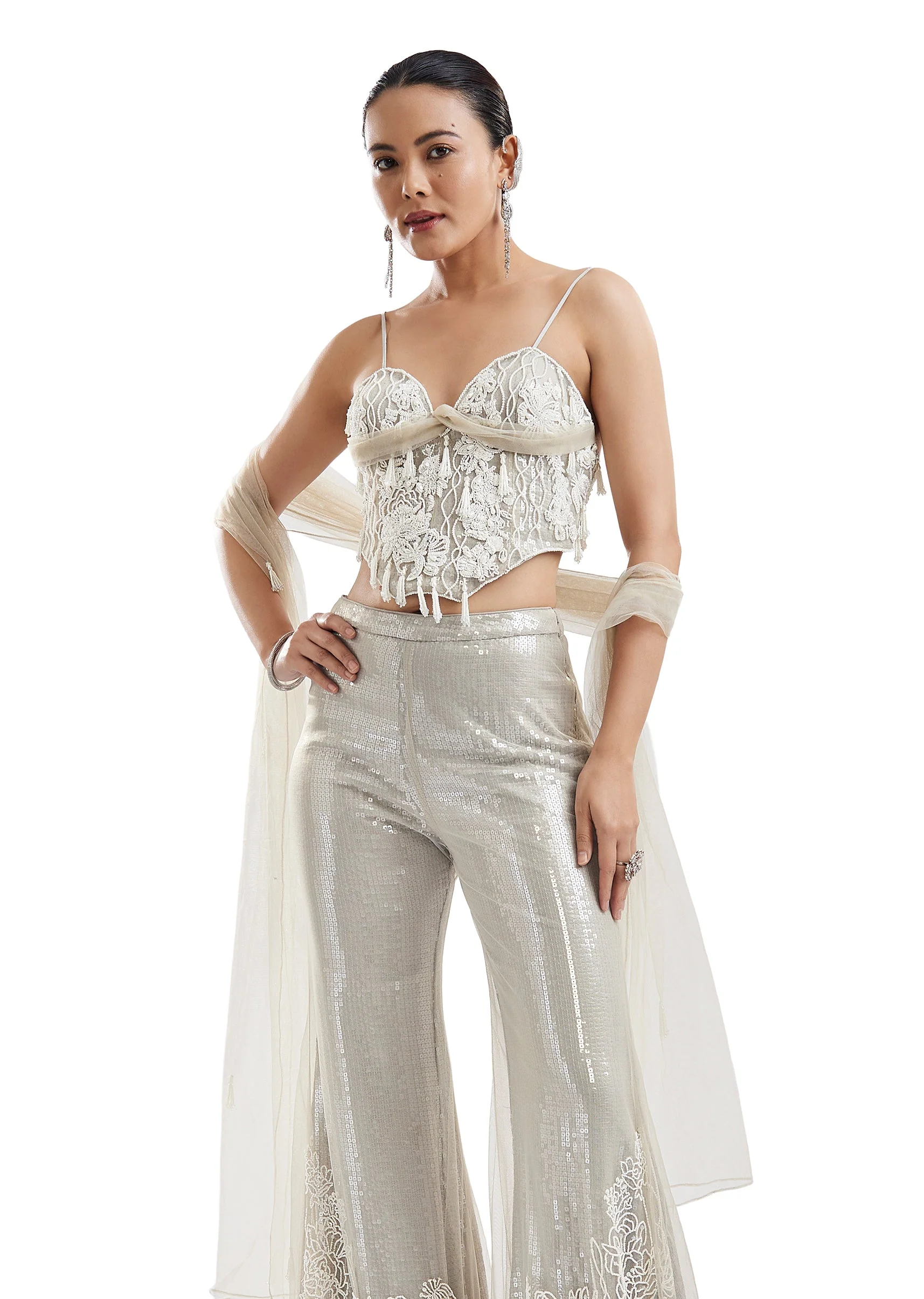 Silver Embellished Bell Bottom Set With Dupatta - Image 5