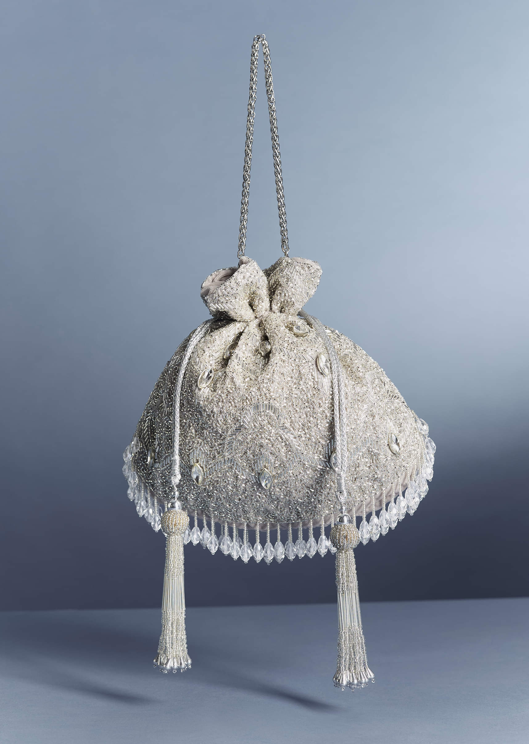 Silver Embellished Potli with Crystal Tassels