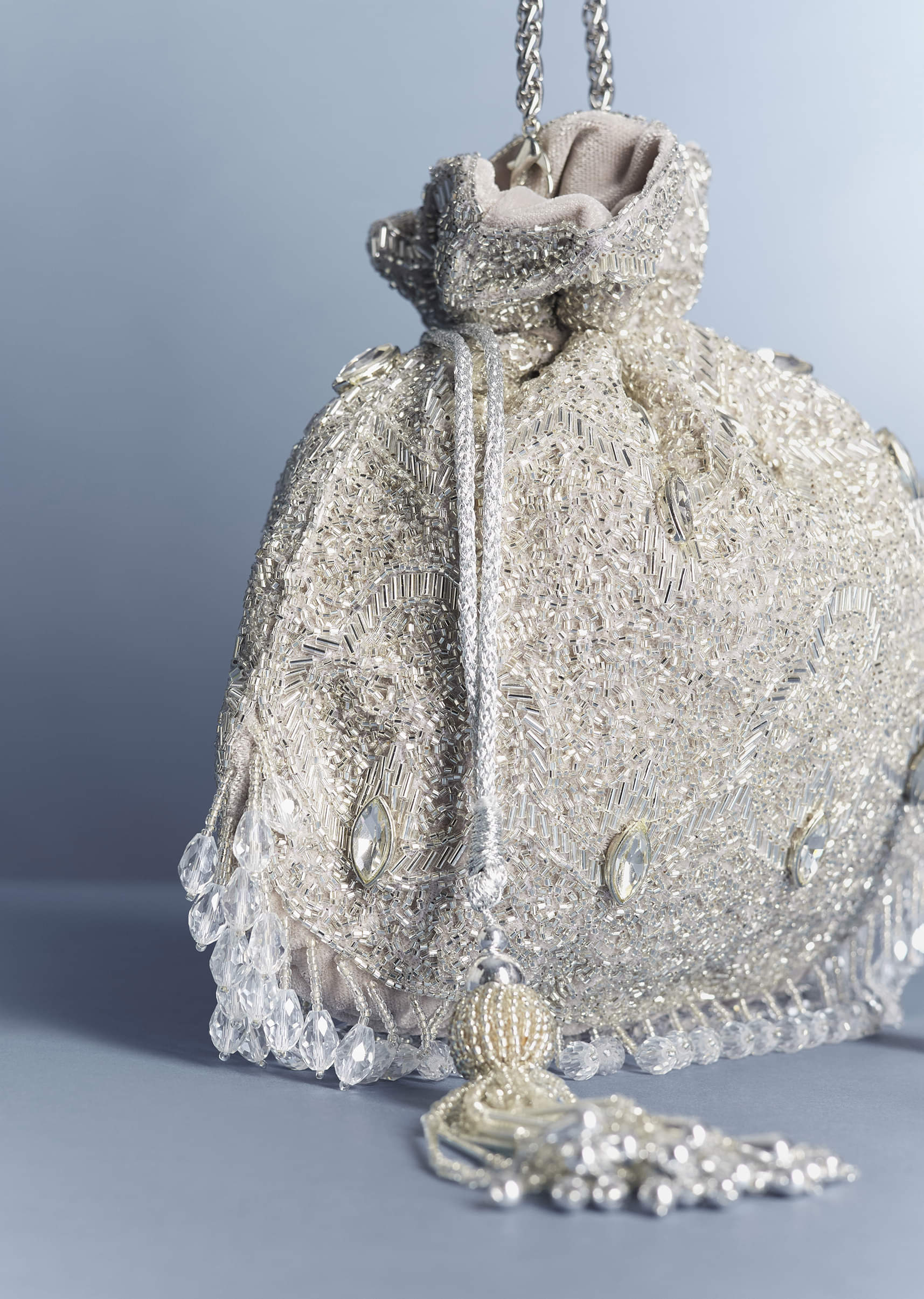 Silver Embellished Potli with Crystal Tassels - Image 2