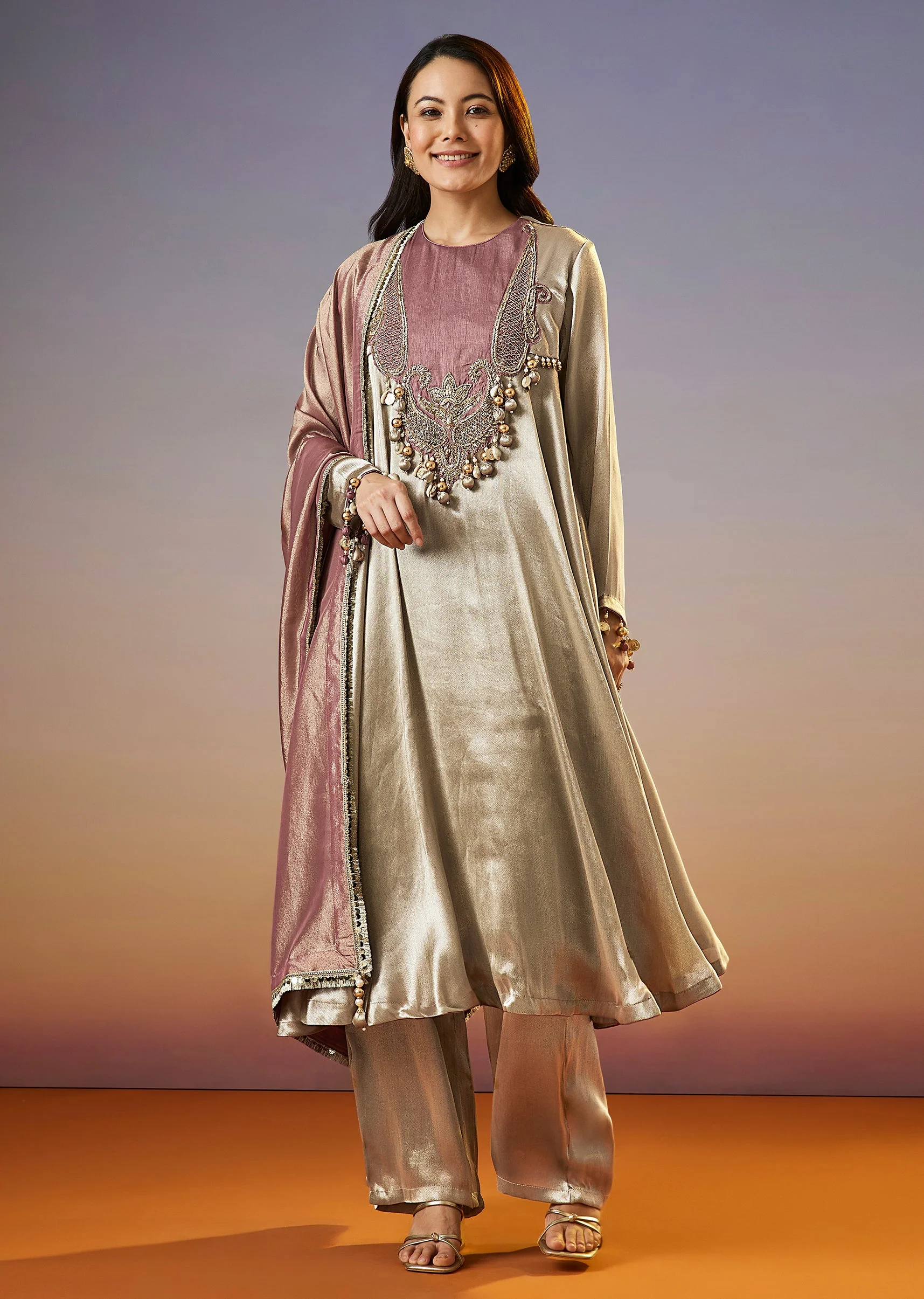 Silver Embroidered Tissue Anarkali Set With Dupatta - Image 3