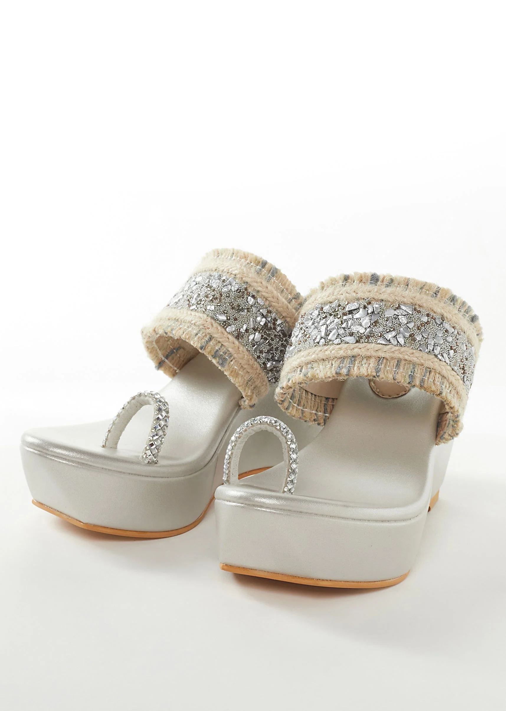 Silver Faux Leather Womens Footwear Embellished Detail Work