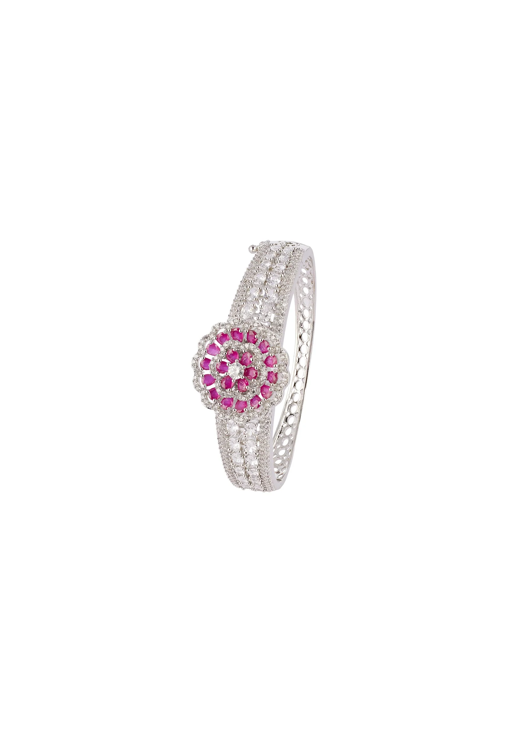 Silver Finish Bracelet In Mix Metal With Elegant Floral Style And Rani Pink Simulated Rubies And Cubic Zirconia Accents - Image 2