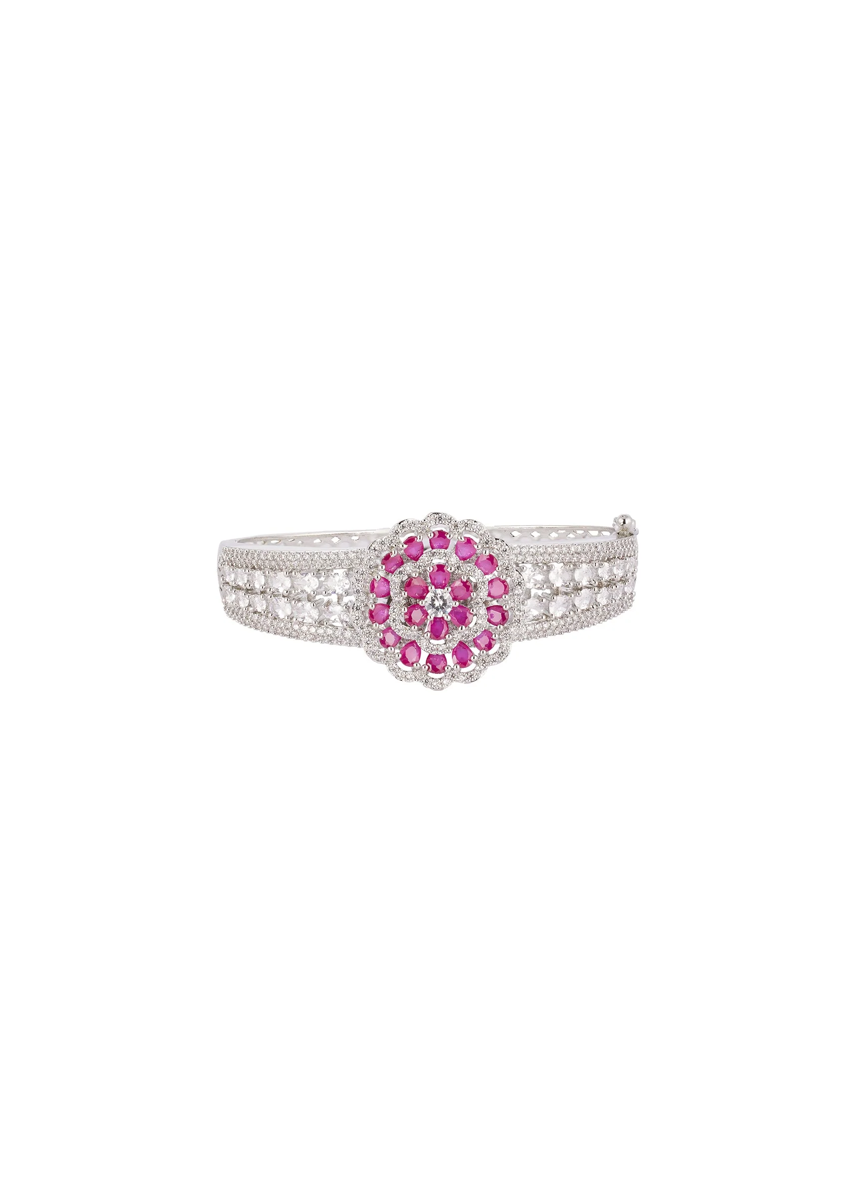 Silver Finish Bracelet In Mix Metal With Elegant Floral Style And Rani Pink Simulated Rubies And Cubic Zirconia Accents - Image 3