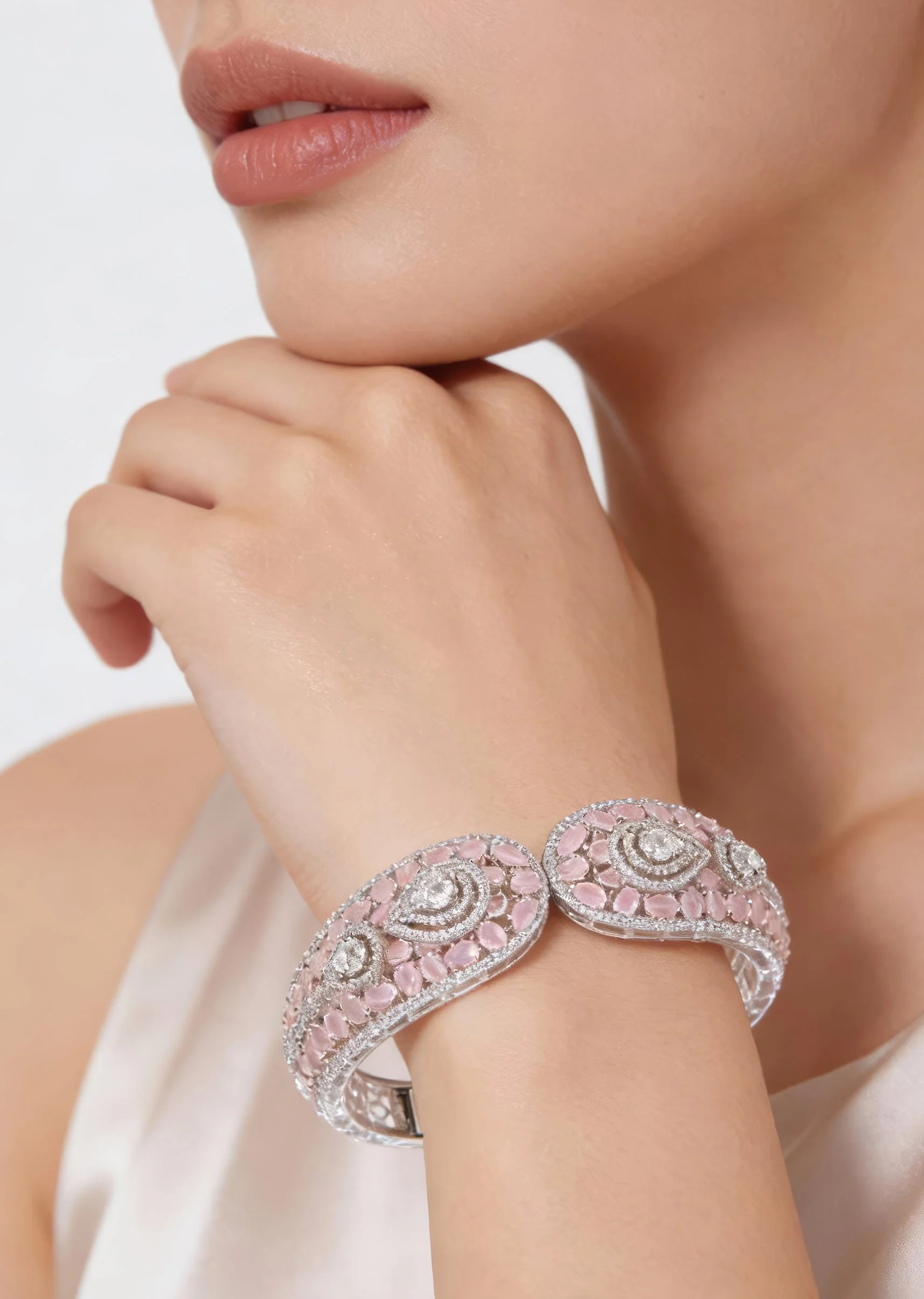 Silver Finish Bracelet In Mix Metal With Modern Rose Style And Light Pink Cubic Zirconia Accents