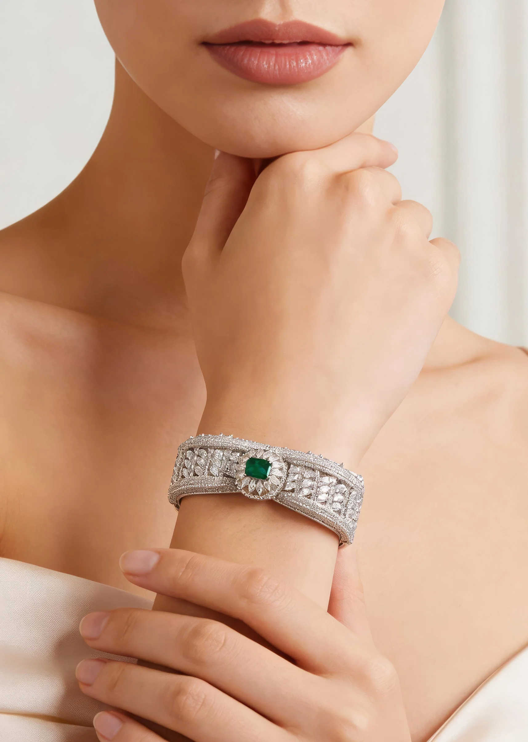 Silver Finish Bracelet In Mix Metal With Modern Statement Style And Green Simulated Emerald And Cubic Zirconia Accents