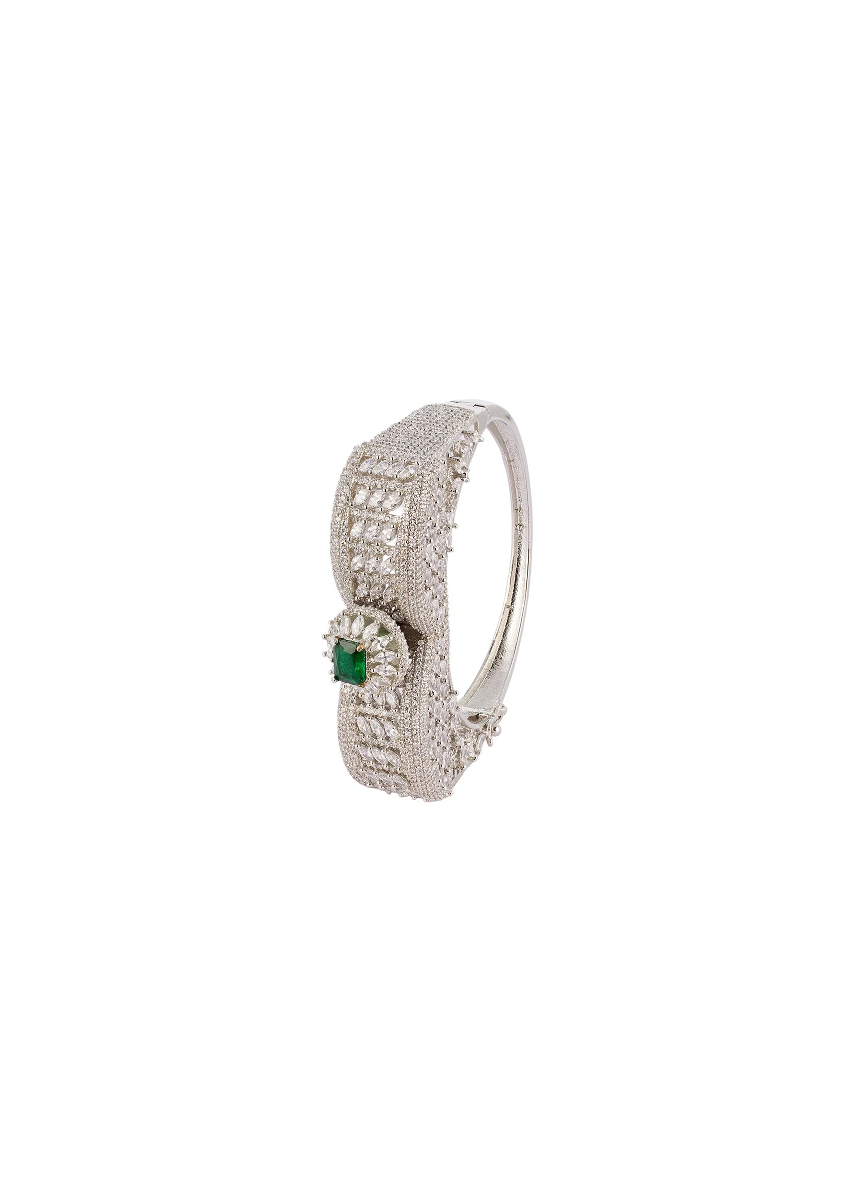 Silver Finish Bracelet In Mix Metal With Modern Statement Style And Green Simulated Emerald And Cubic Zirconia Accents - Image 2