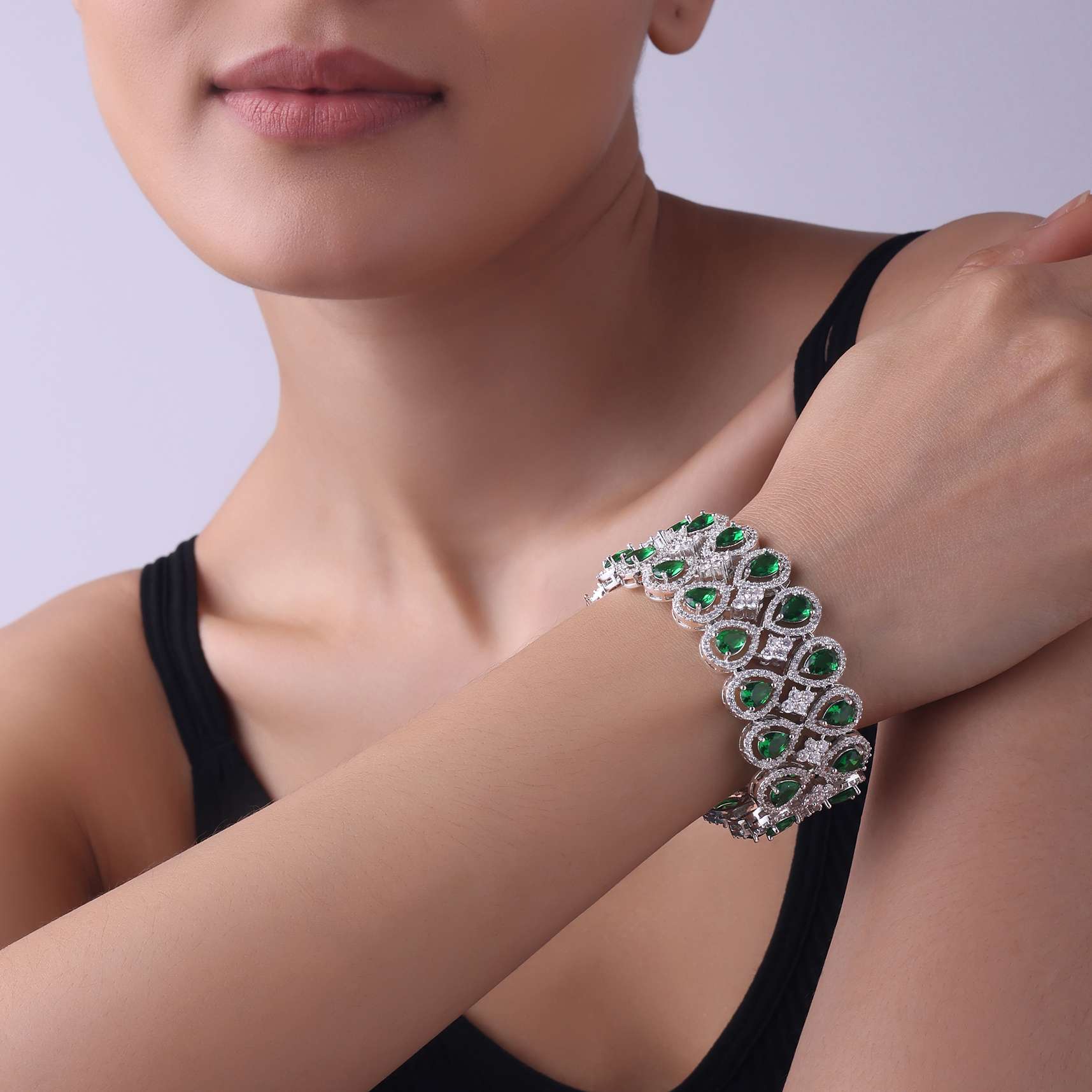 Silver Finish Bracelet Studded With Synthetic Emerald Stones - Image 2