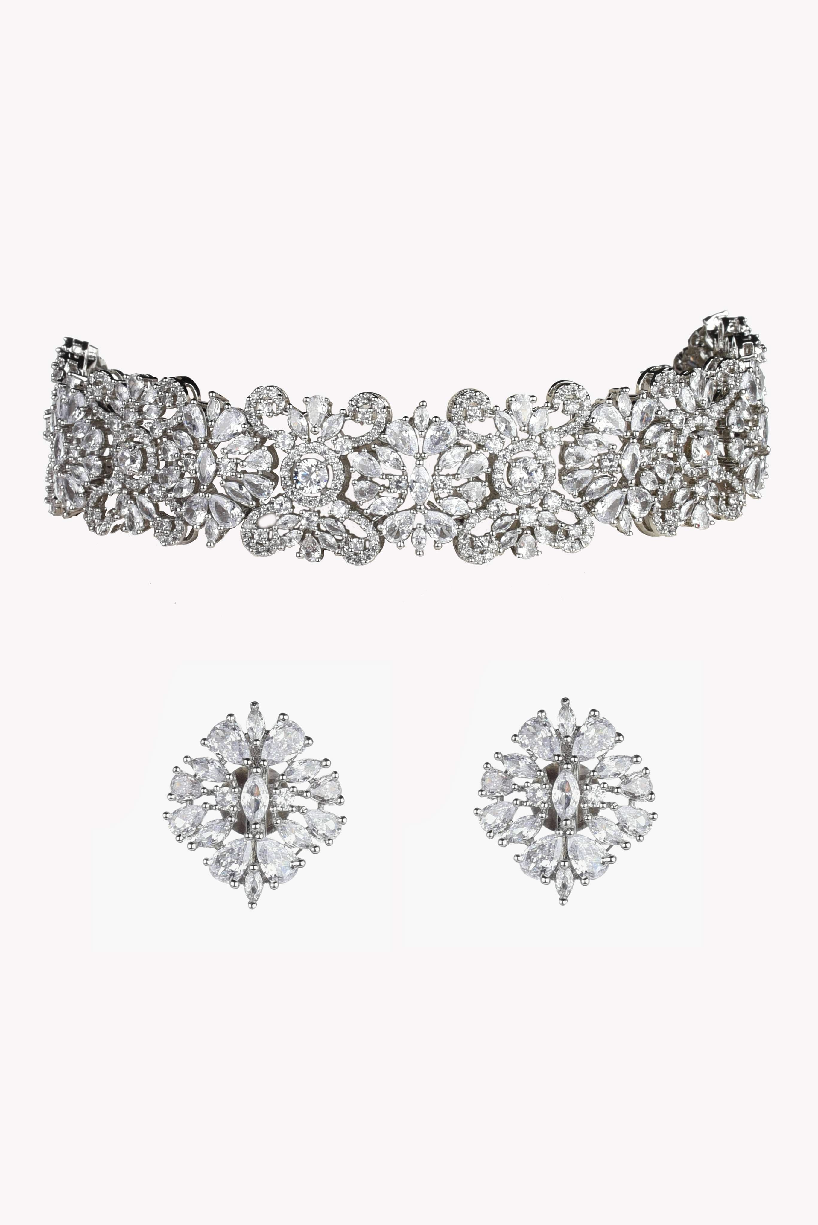 Silver Finish Choker Necklace Set In Mix Metal - Image 8
