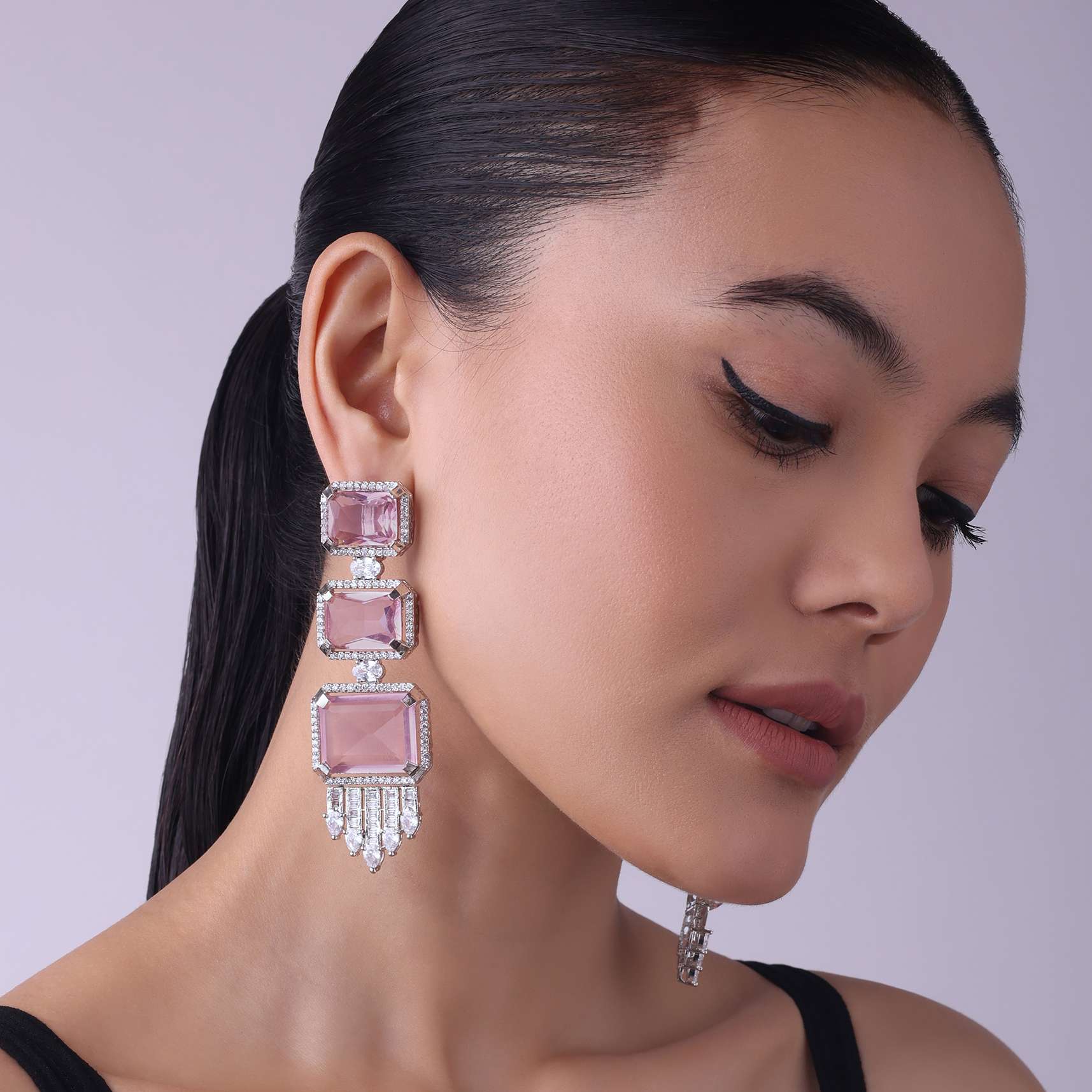 Silver Finish Danglers Studded With Pink Faux Stones - Image 4