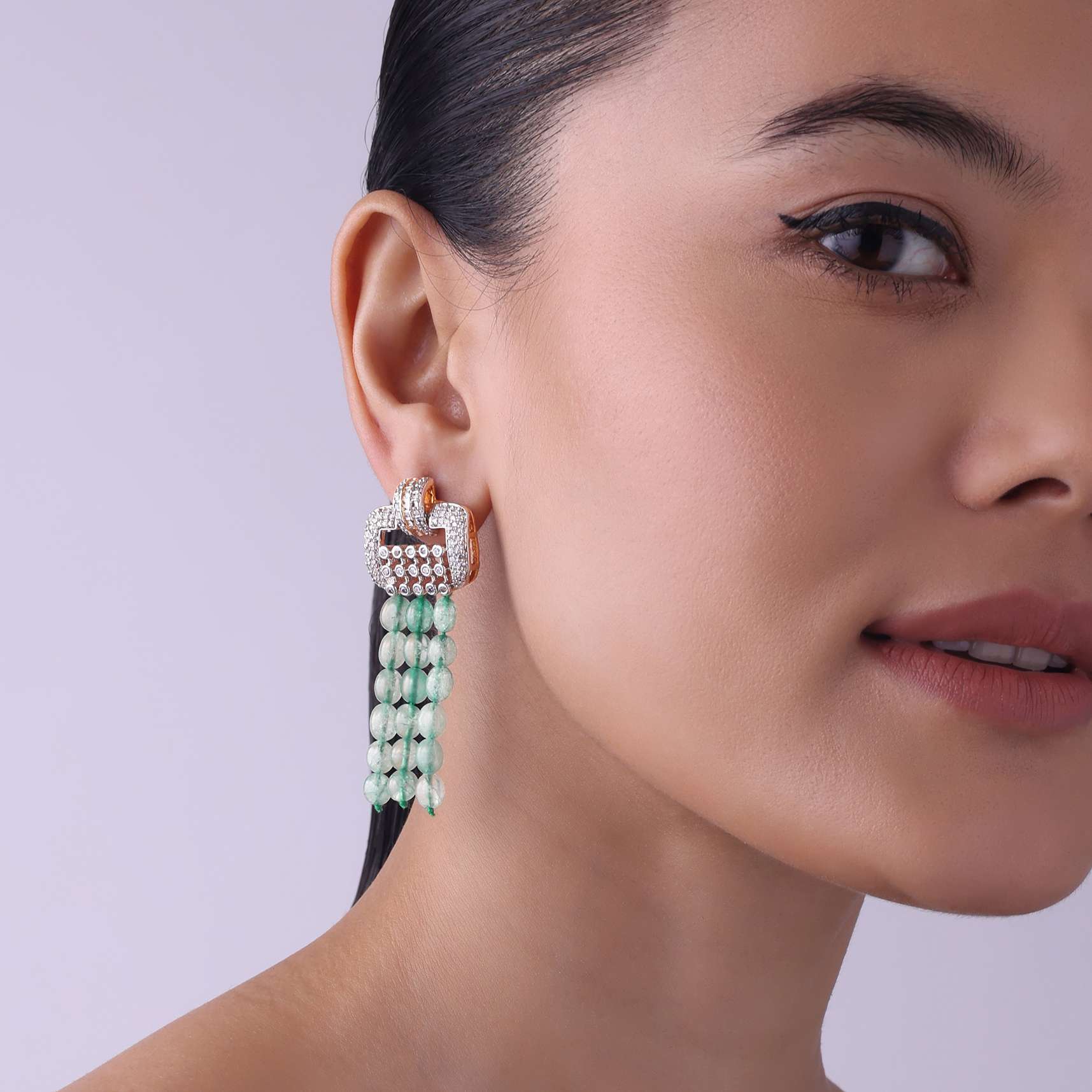 Silver Finish Danglers With Green Beaded Zircon - Image 2