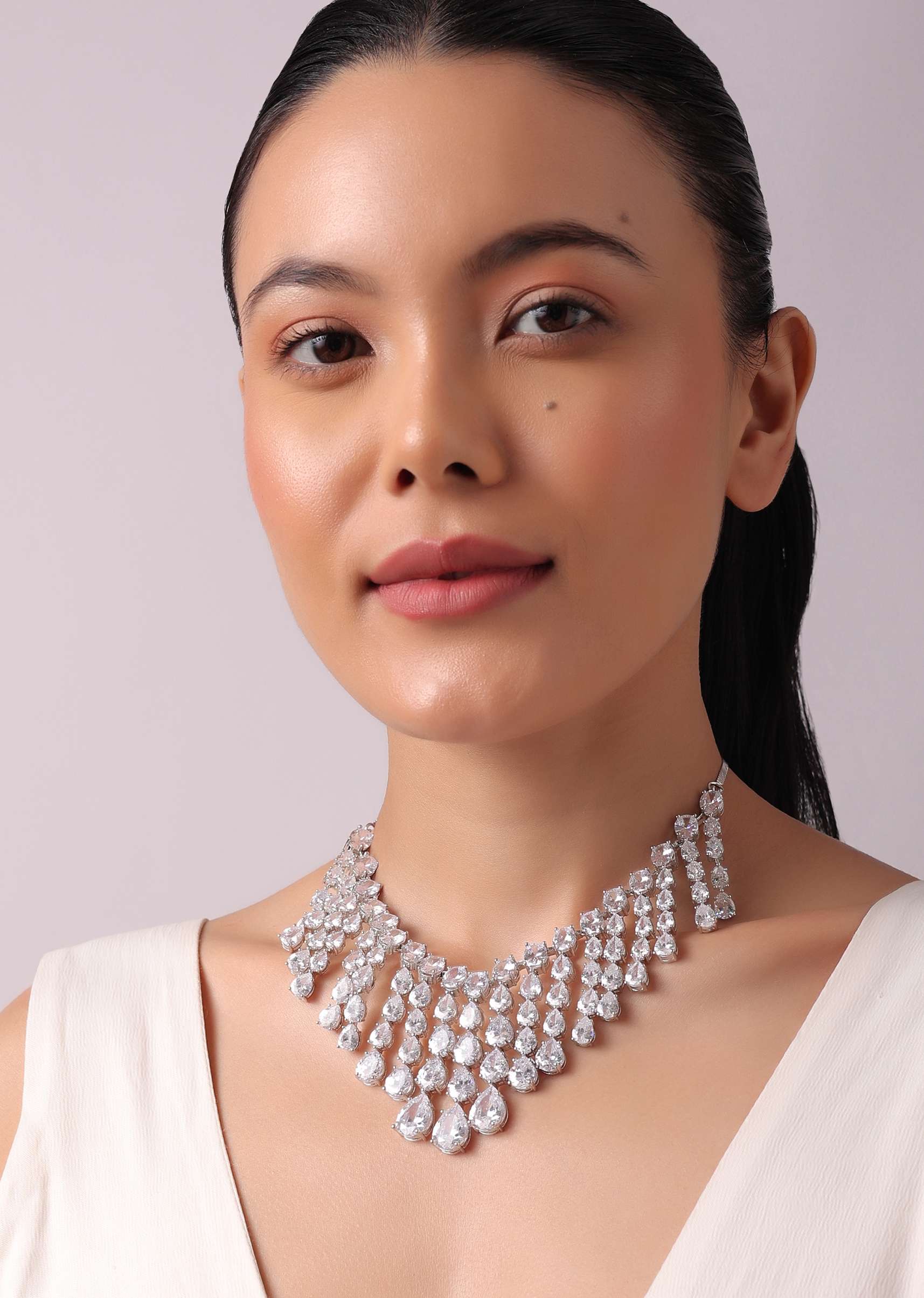 Silver Finish Dangling Choker Set with Faux Diamonds - Image 2