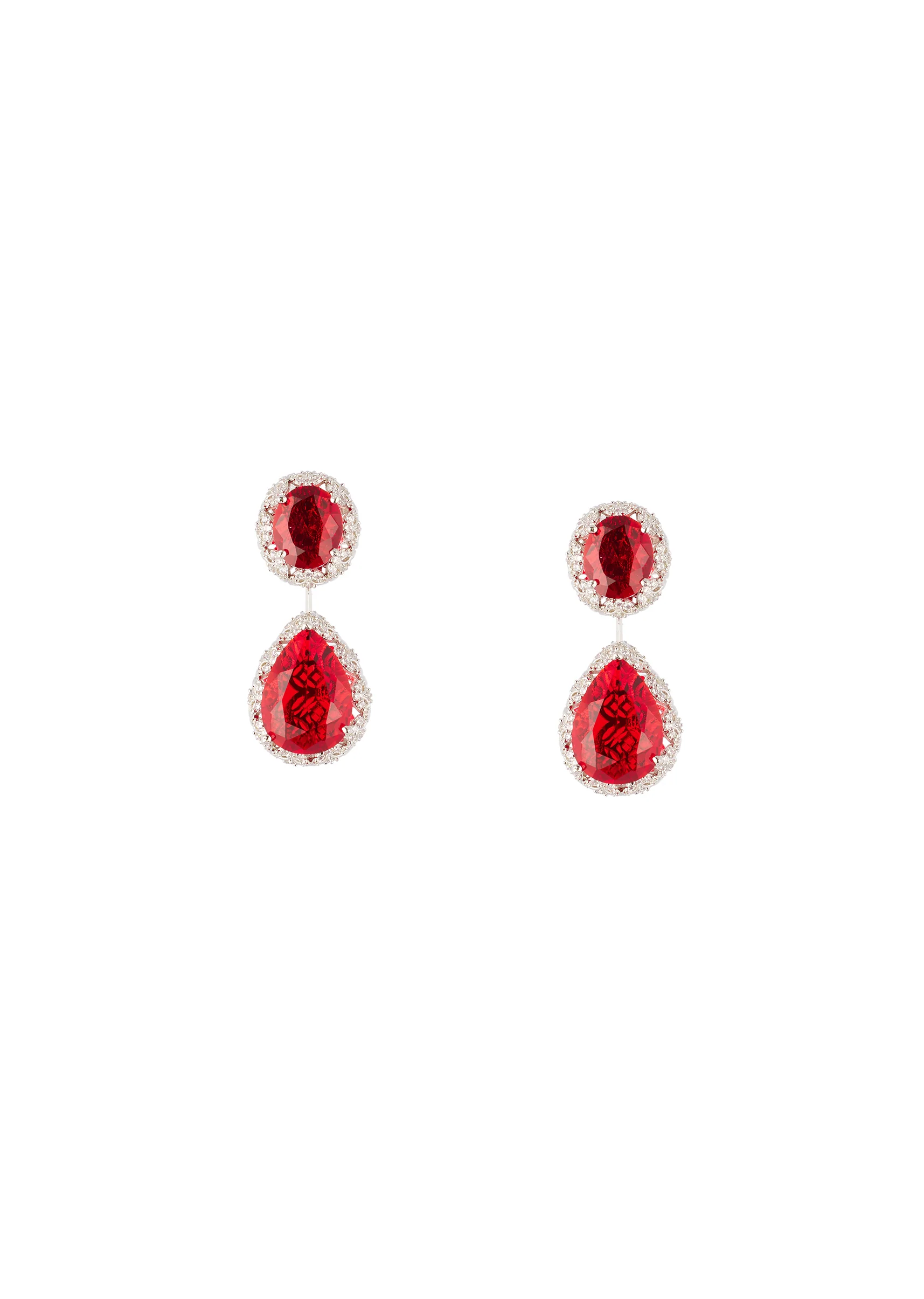 Silver Finish Double Emerald Cut Drop Earrings With Red Simulated Stones and Pavé Set Crystal Borders
