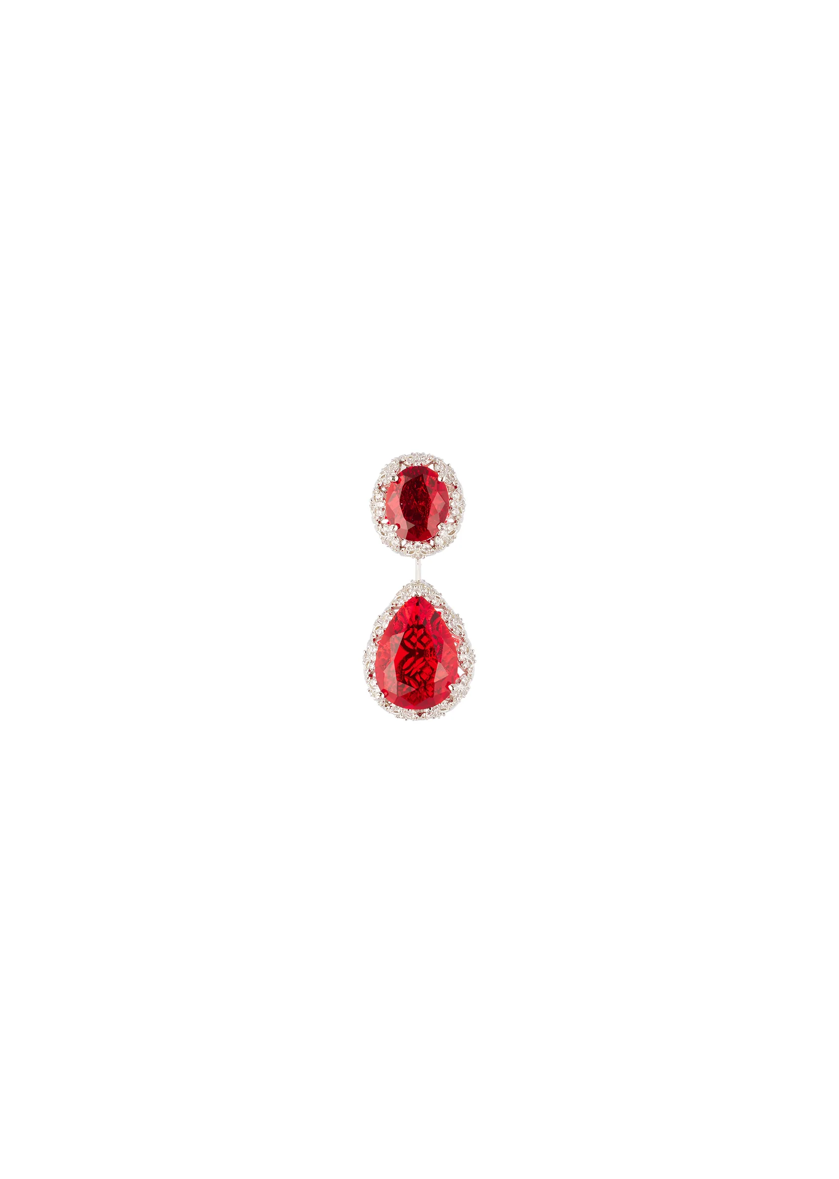 Silver Finish Double Emerald Cut Drop Earrings With Red Simulated Stones and Pavé Set Crystal Borders - Image 2