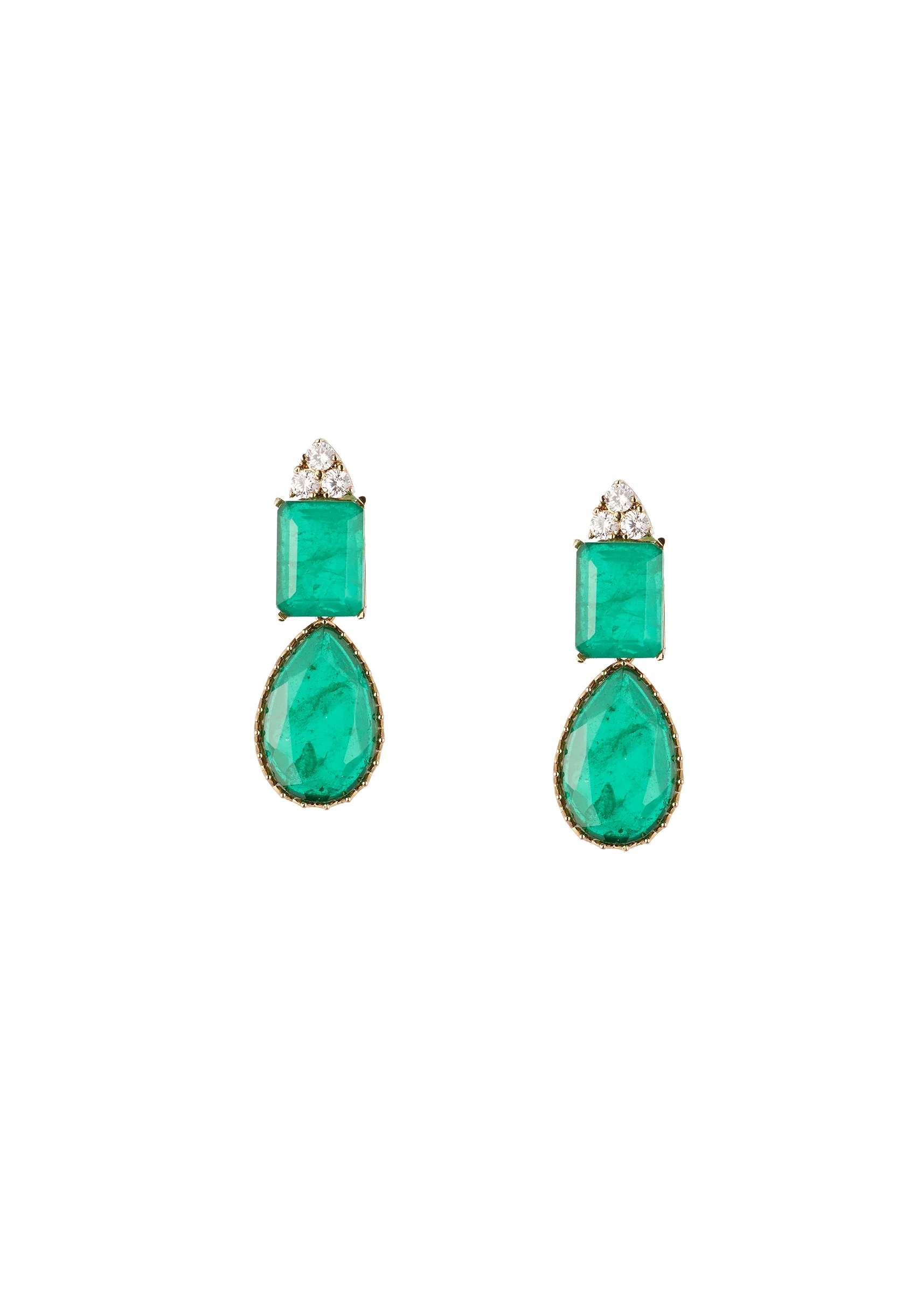 Silver Finish Drop Earrings With Emerald Cut and Teardrop Accents And Green Simulated Stones - Image 2