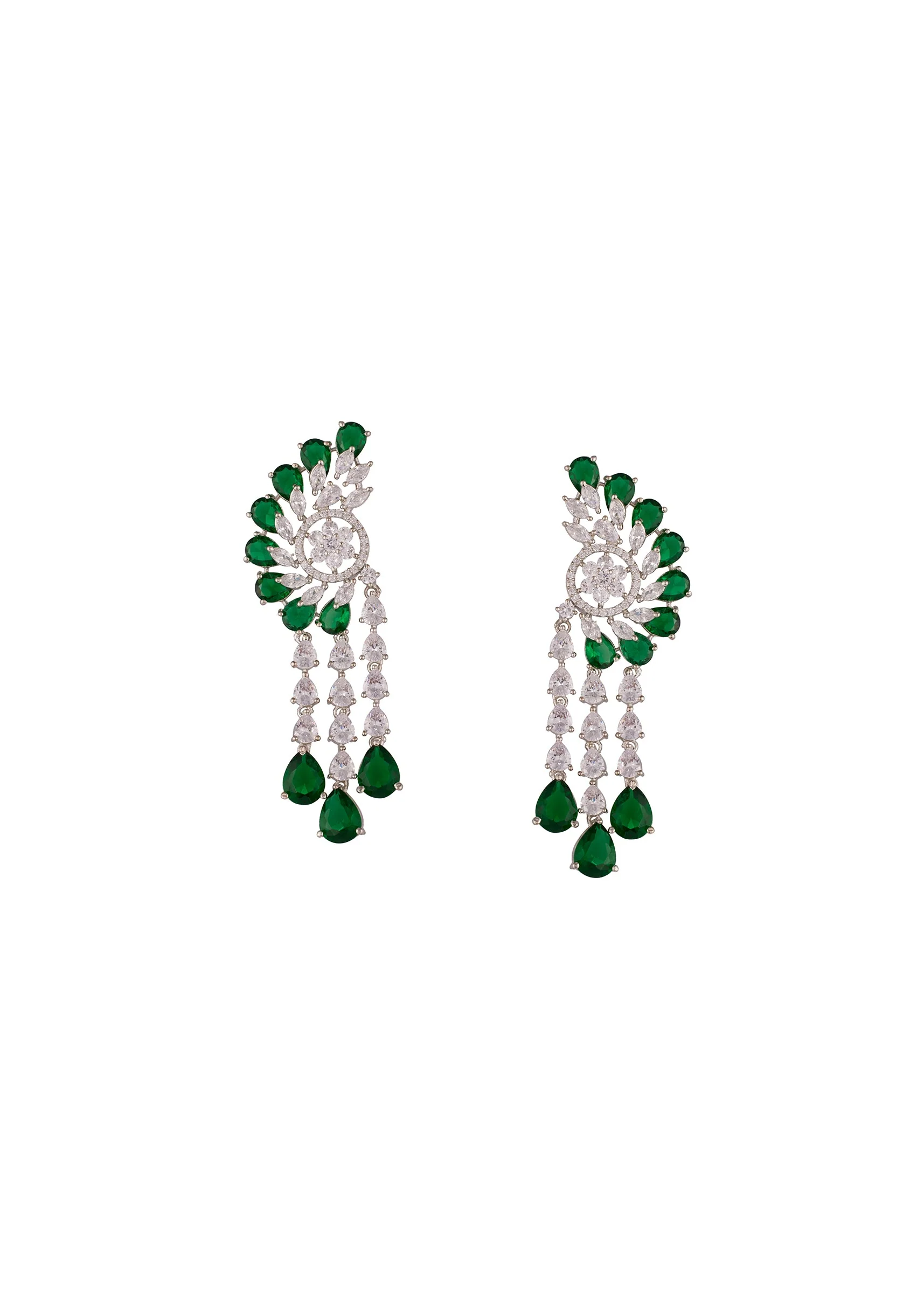 Silver Finish Earrings With Green Stone And Cubic Zirconia Detailing - Image 2