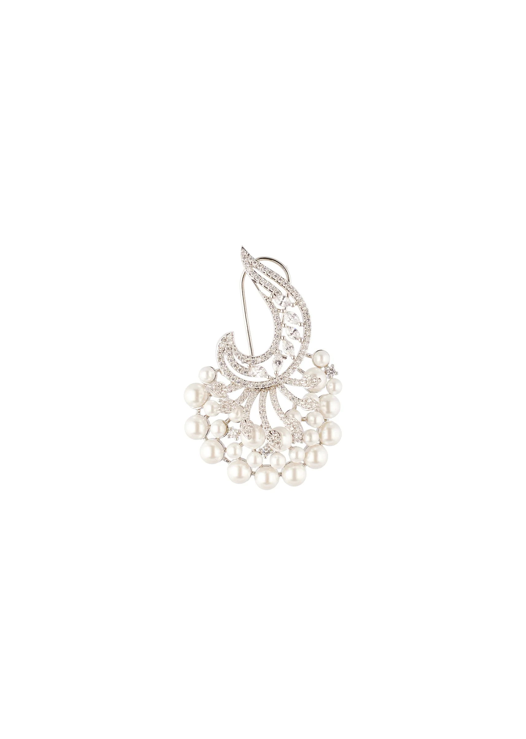 Silver Finish Fan Style Earrings With White Simulated Pearls and Crystal Set Crescent - Image 2