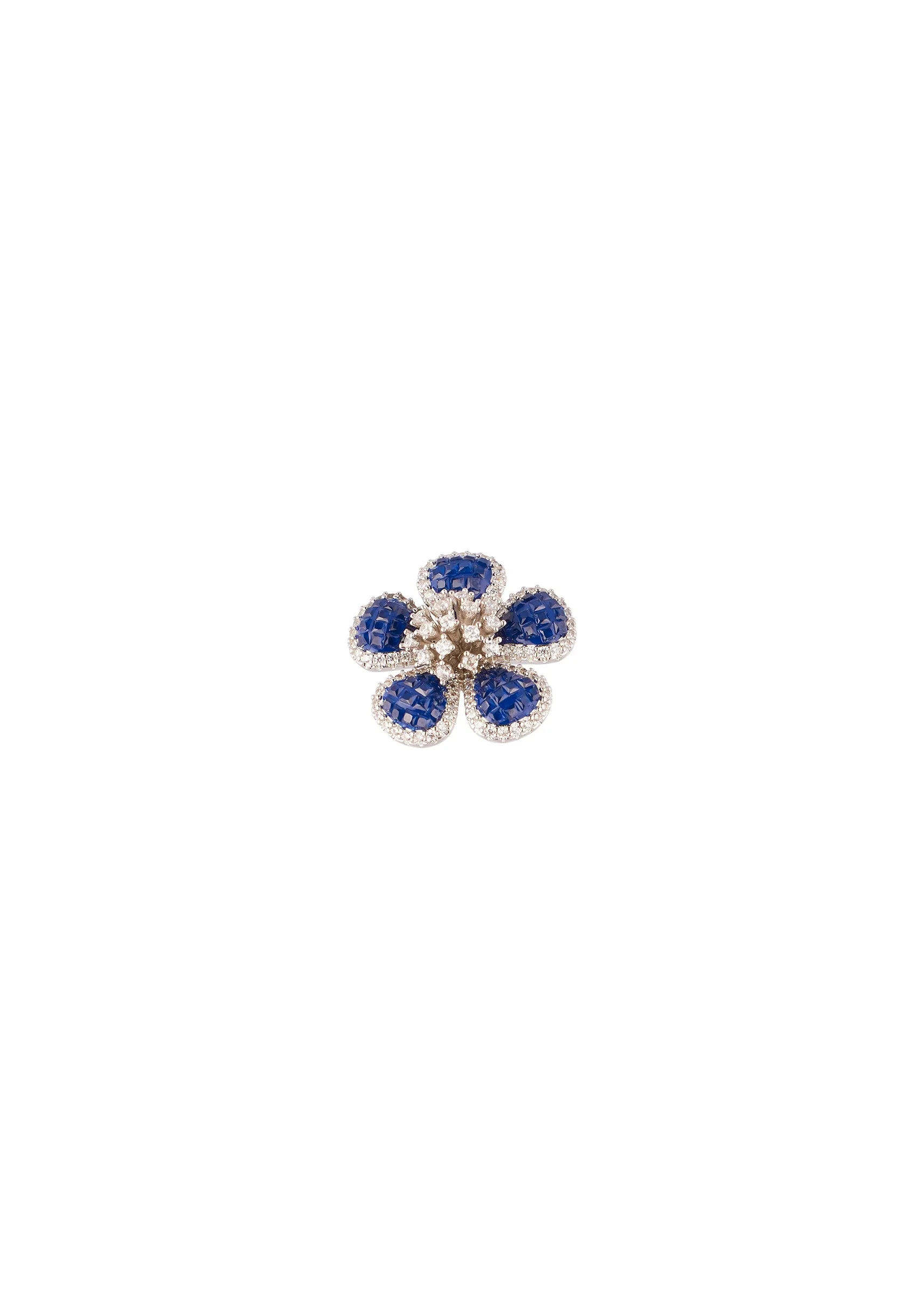 Silver Finish Floral Cluster Stud Earrings With Blue Simulated Stones and Clear Accents - Image 3
