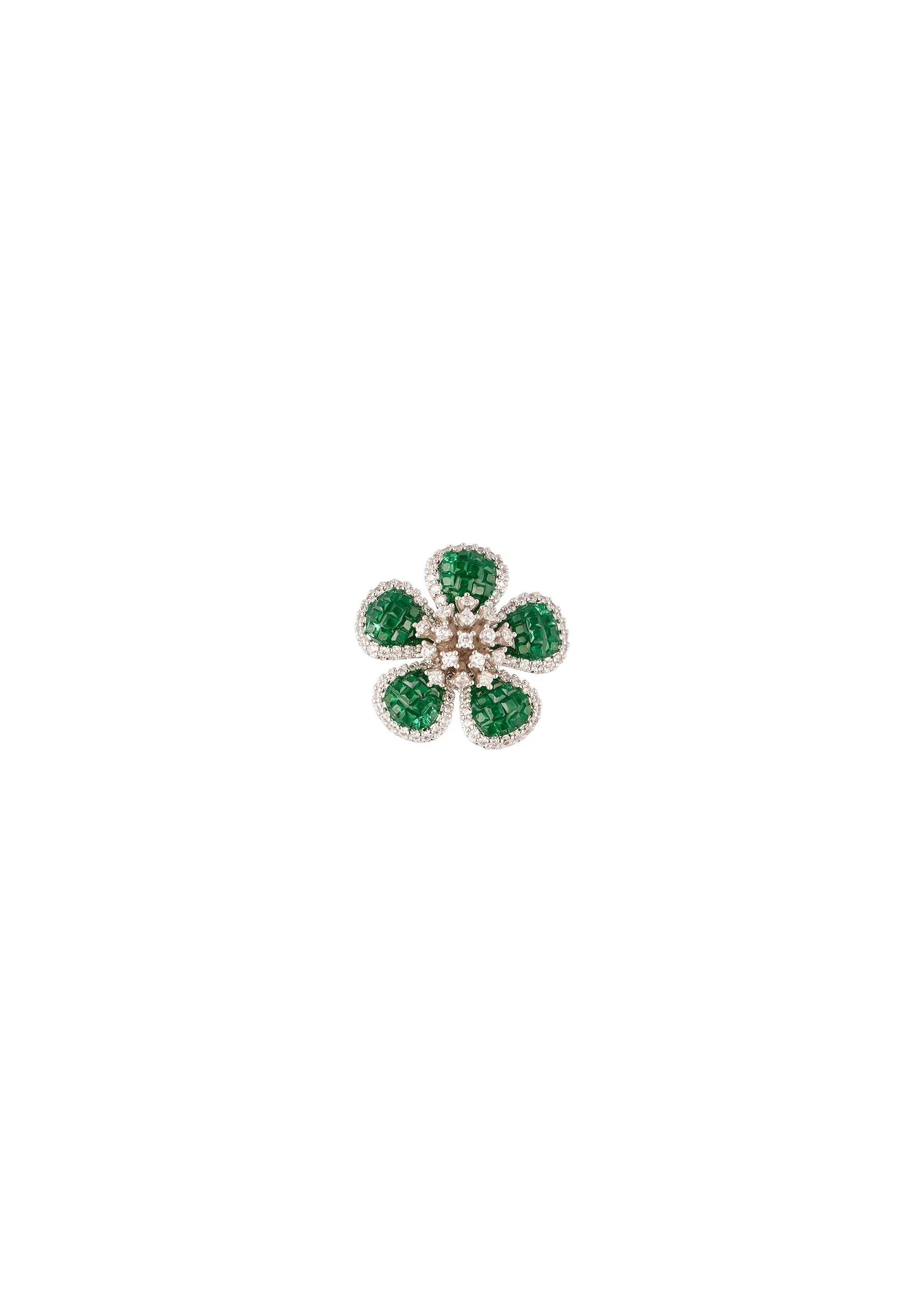 Silver Finish Floral Cluster Stud Earrings With Green Stones and Clear Accents - Image 3
