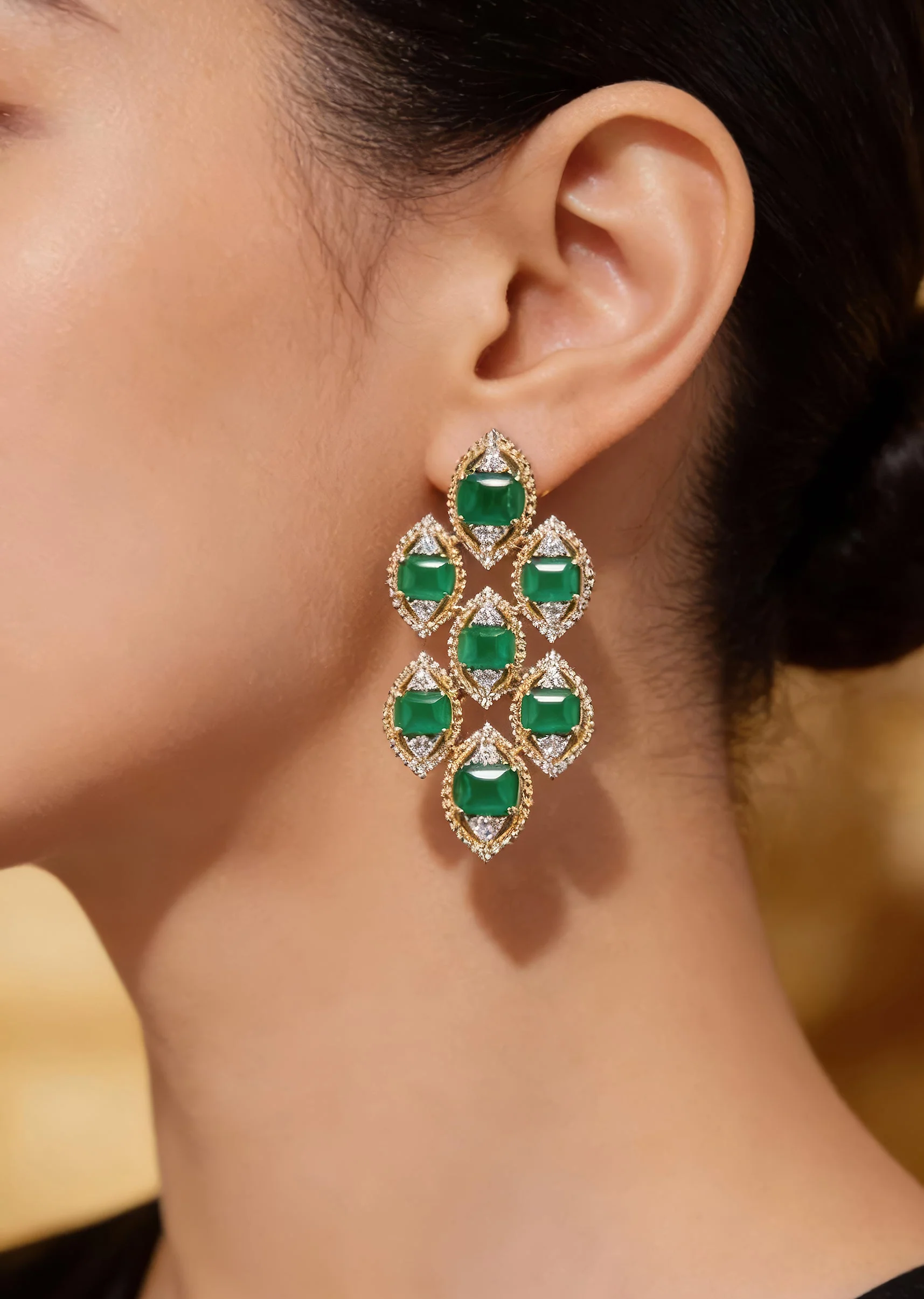 Silver Finish Geometric Drop Earrings With Emerald Green Simulated Stones