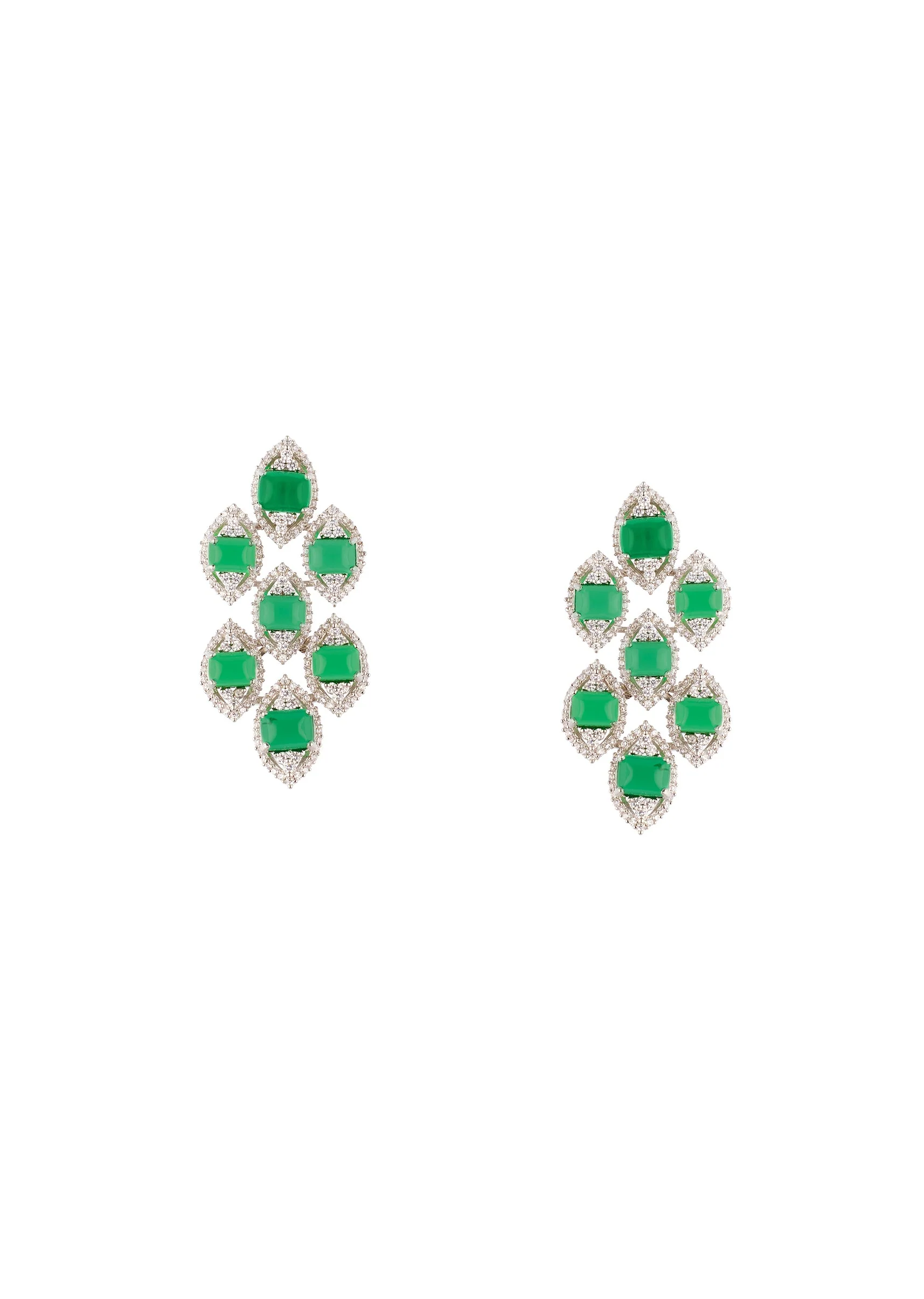Silver Finish Geometric Drop Earrings With Emerald Green Simulated Stones - Image 2