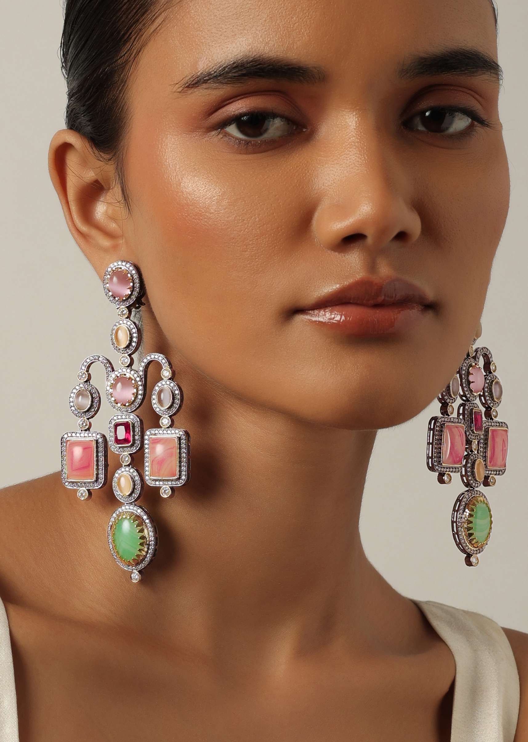 Silver Finish Geometric Necklace Set With Colorful Stones - Image 2