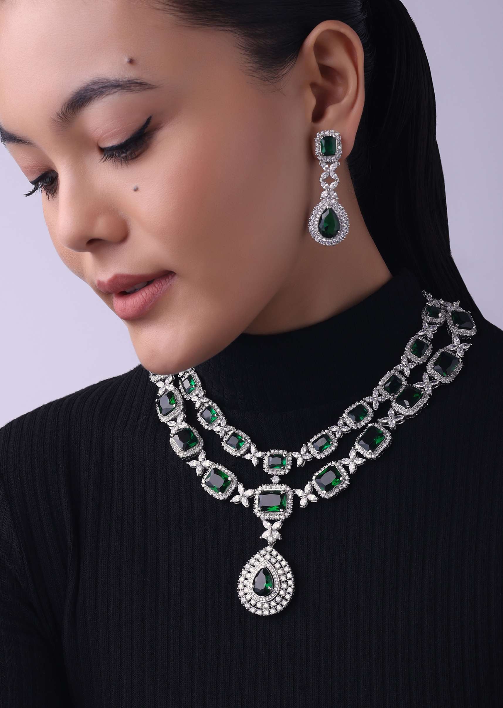 Silver Finish Long Necklace Studded With Faux Diamonds And Emerald Stones - Image 2