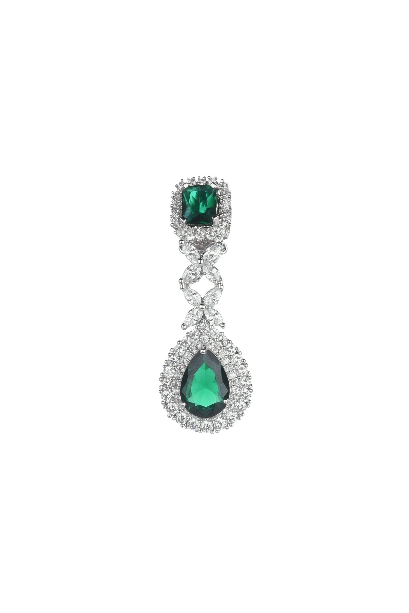 Silver Finish Long Necklace Studded With Faux Diamonds And Emerald Stones - Image 4