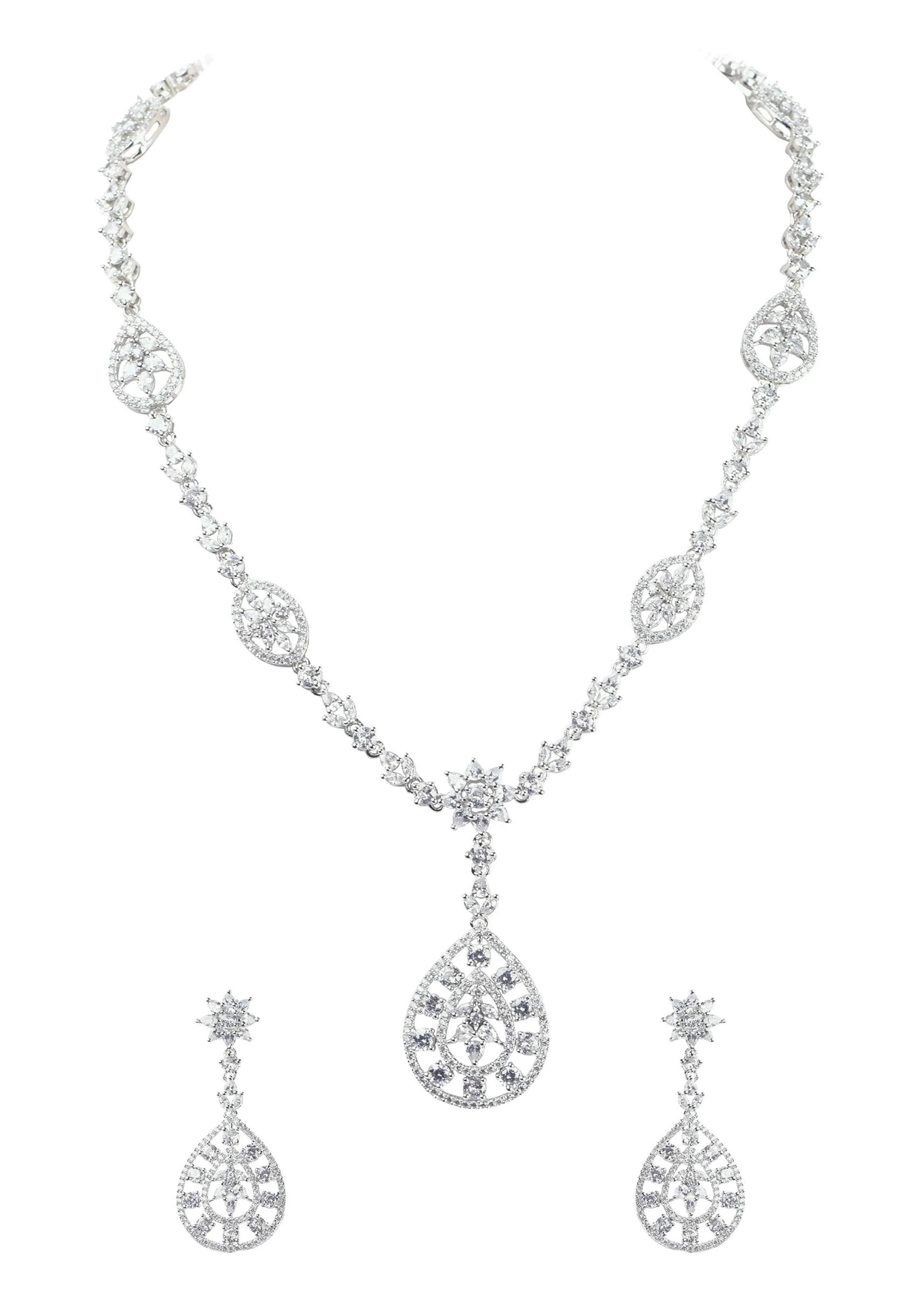 Silver Finish Necklace And Earring Set In Mix Metal With Faux Diamonds