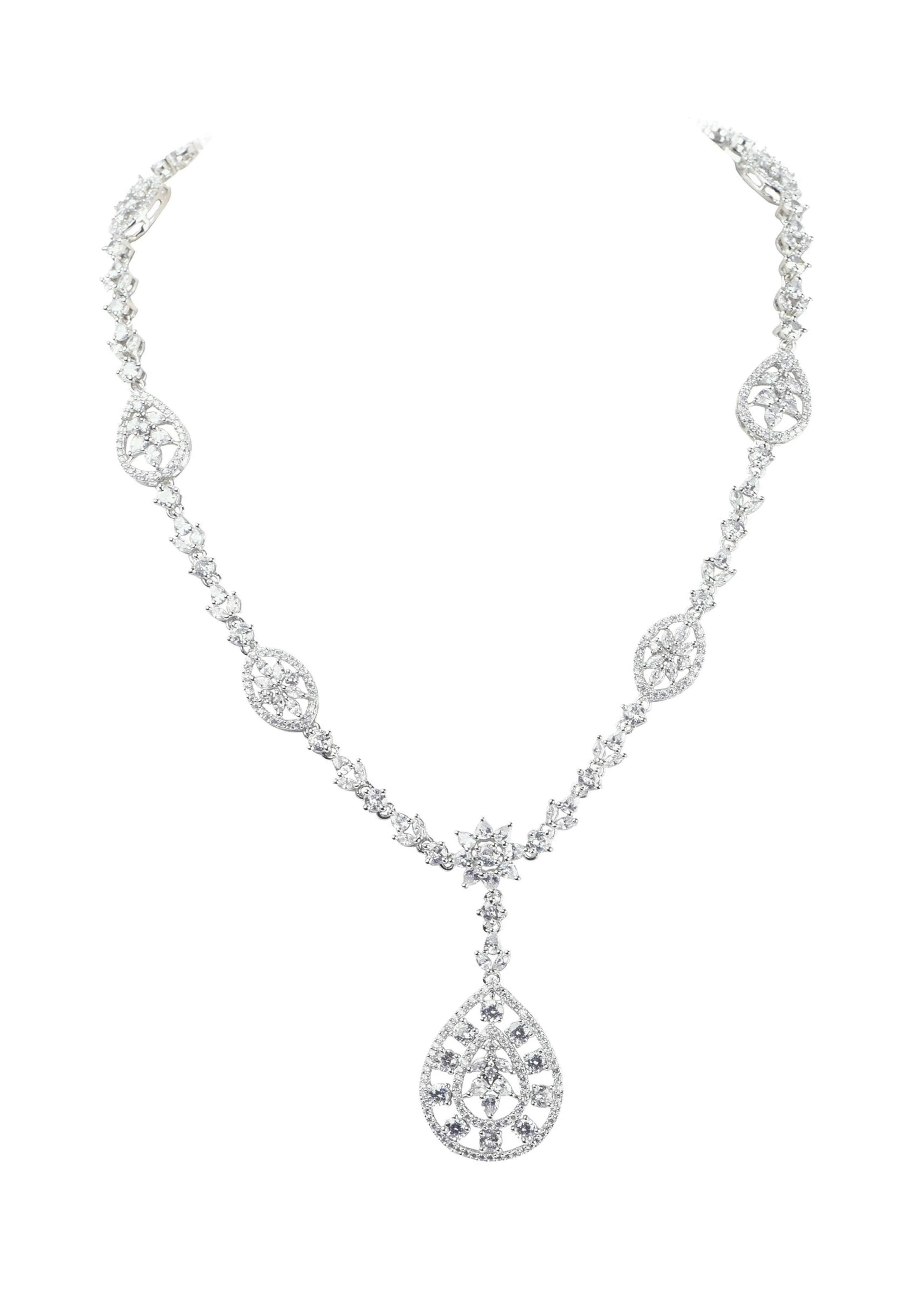Silver Finish Necklace And Earring Set In Mix Metal With Faux Diamonds - Image 2