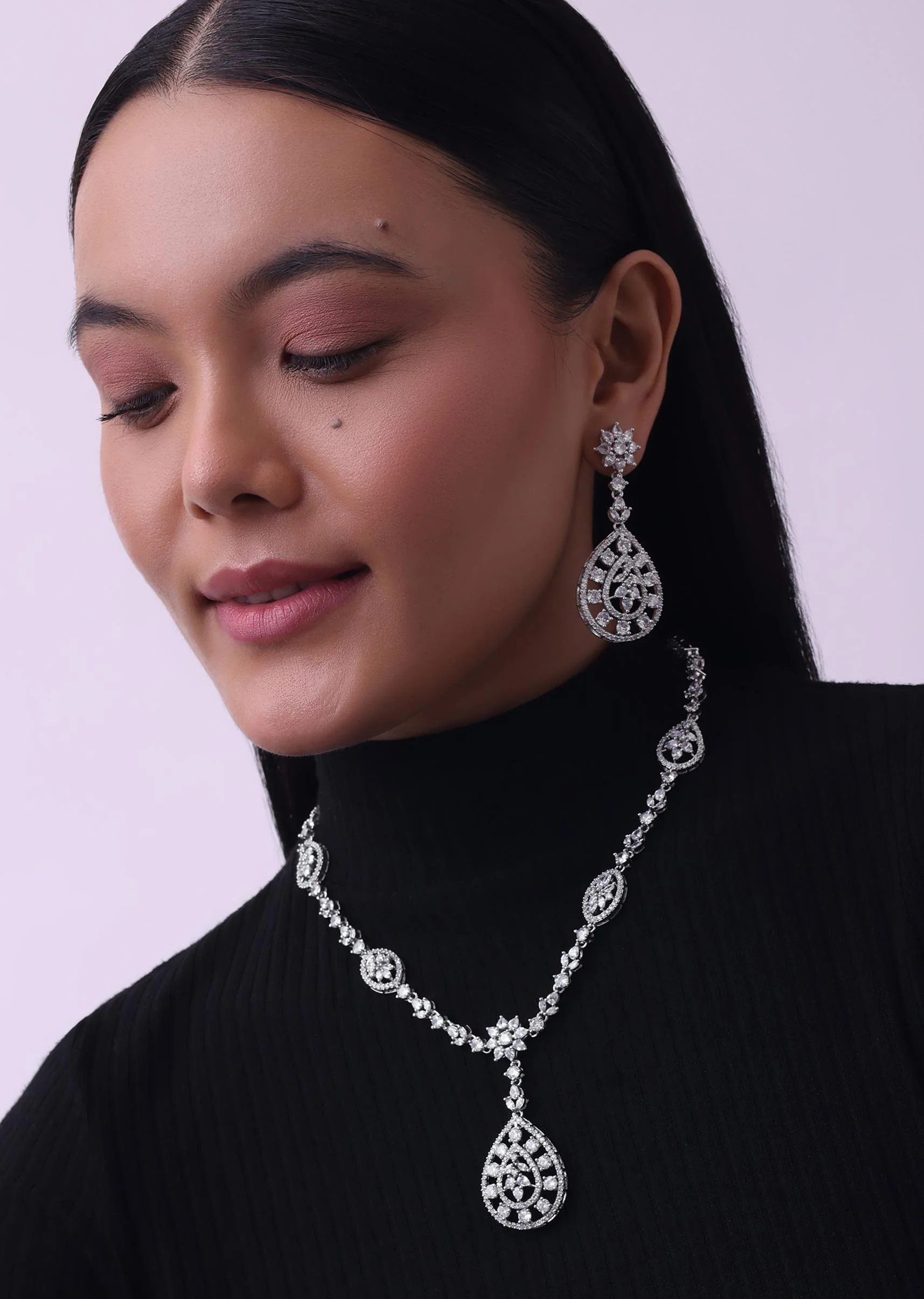 Silver Finish Necklace And Earring Set In Mix Metal With Faux Diamonds - Image 3