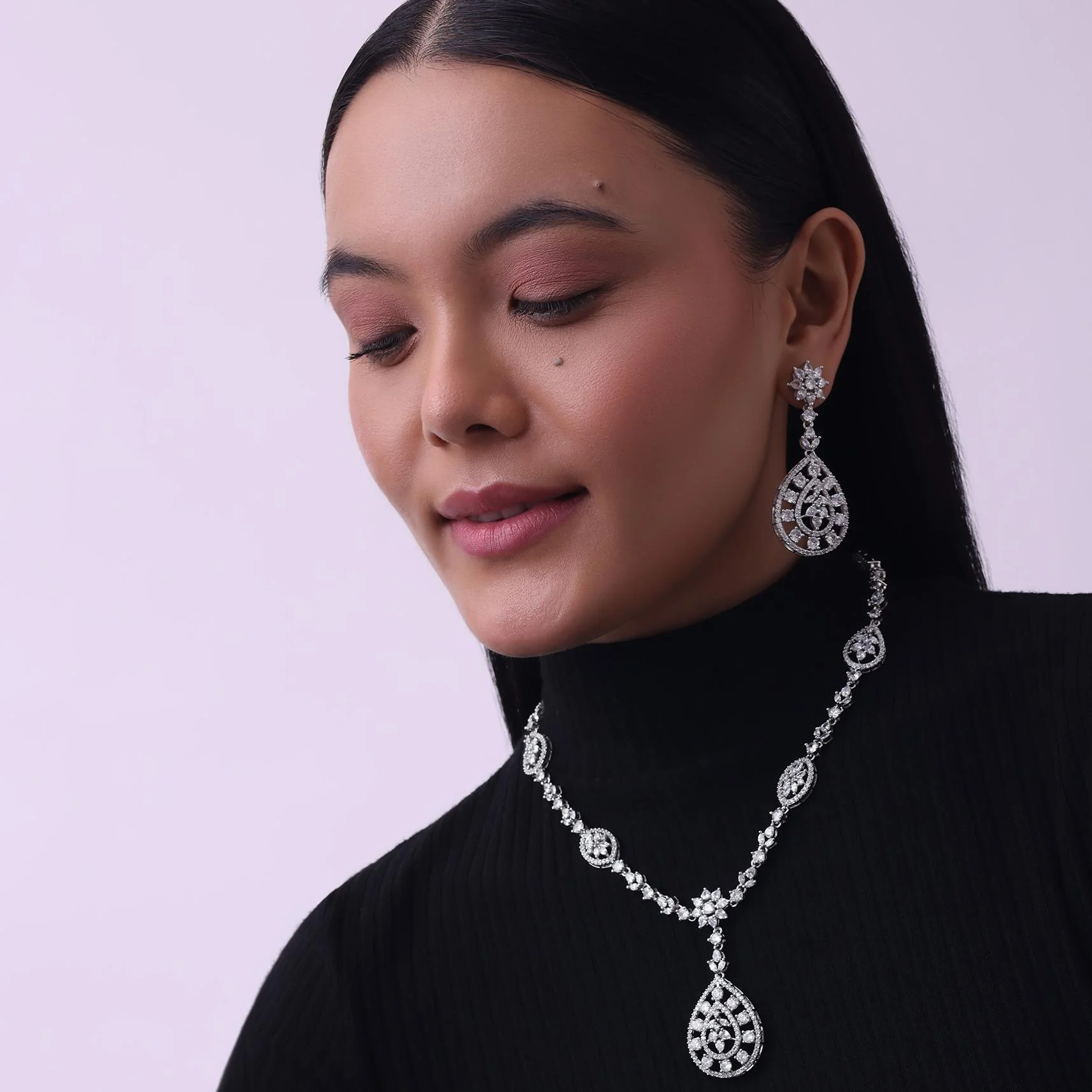 Silver Finish Necklace And Earring Set In Mix Metal With Faux Diamonds - Image 5