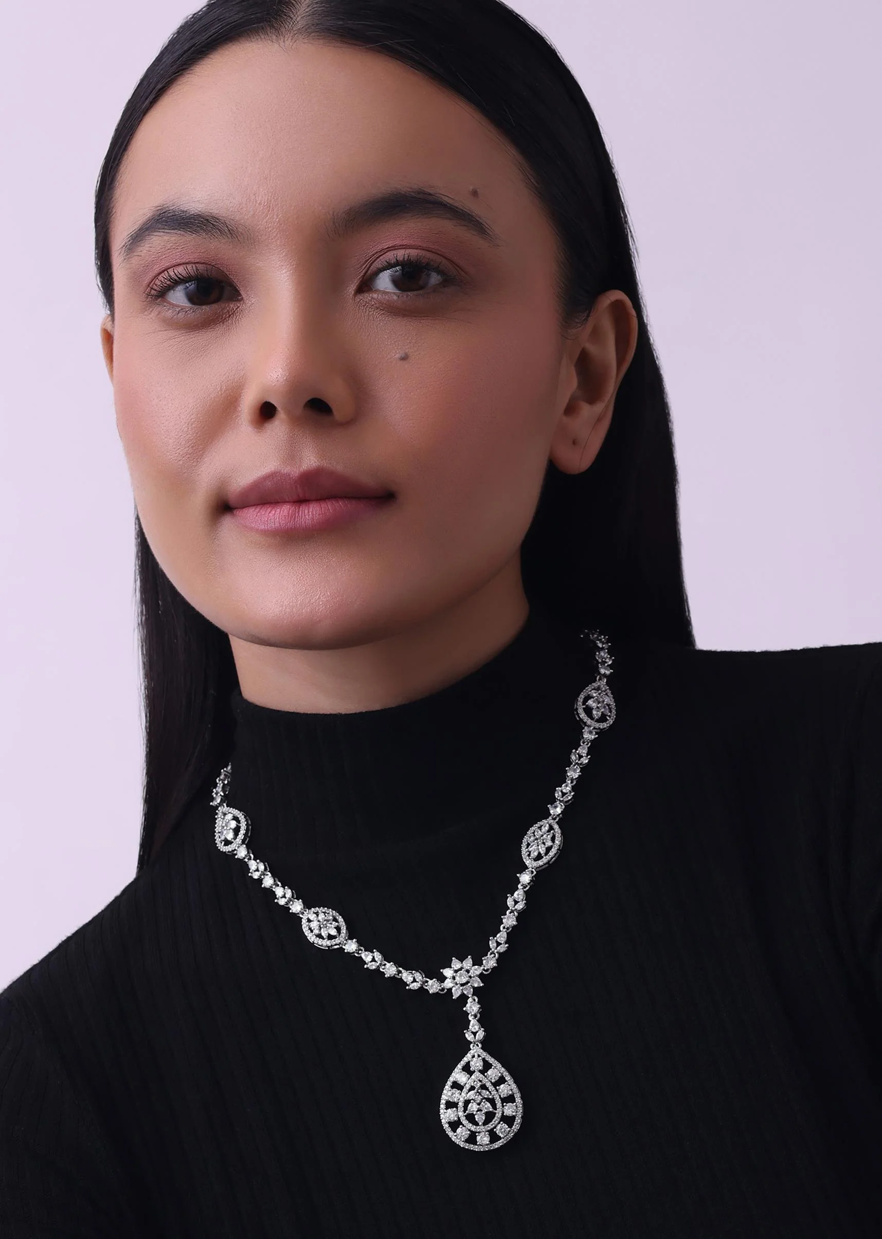 Silver Finish Necklace And Earring Set In Mix Metal With Faux Diamonds - Image 6