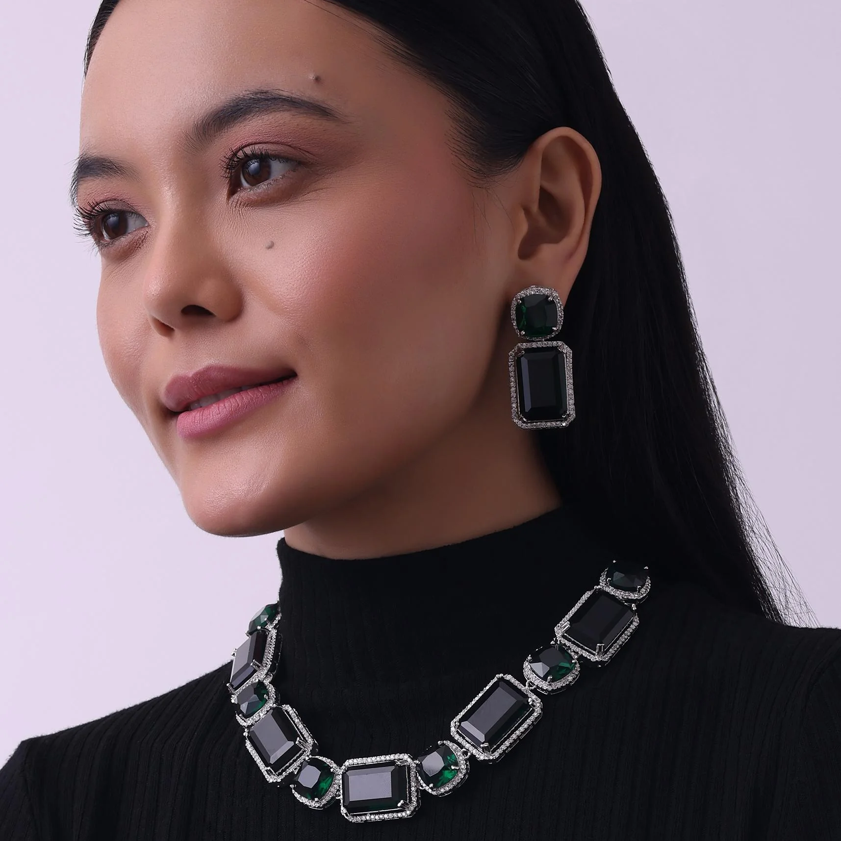 Silver Finish Necklace And Earring Set Studded With Green Synthetic Stones - Image 2