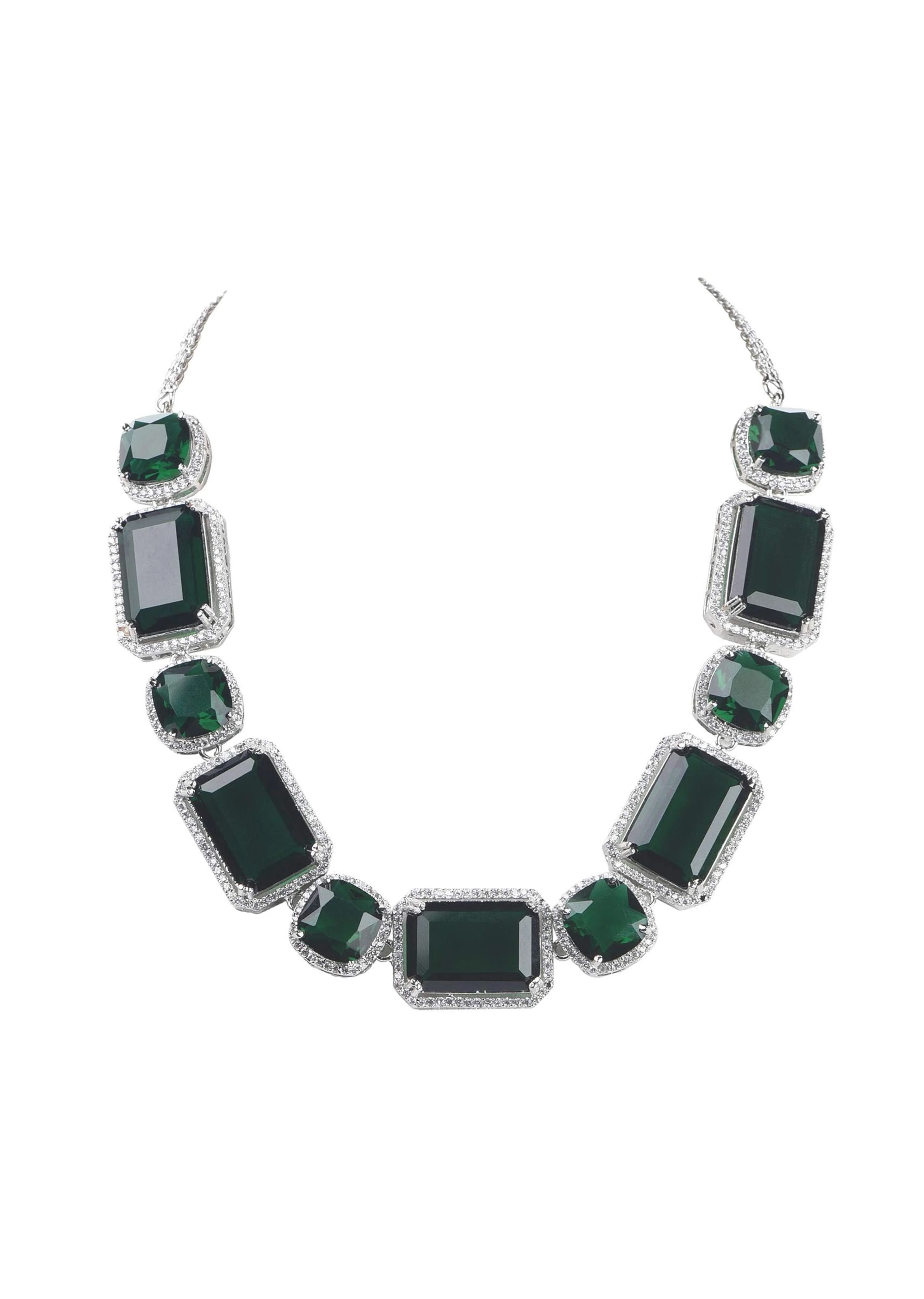 Silver Finish Necklace And Earring Set Studded With Green Synthetic Stones - Image 5