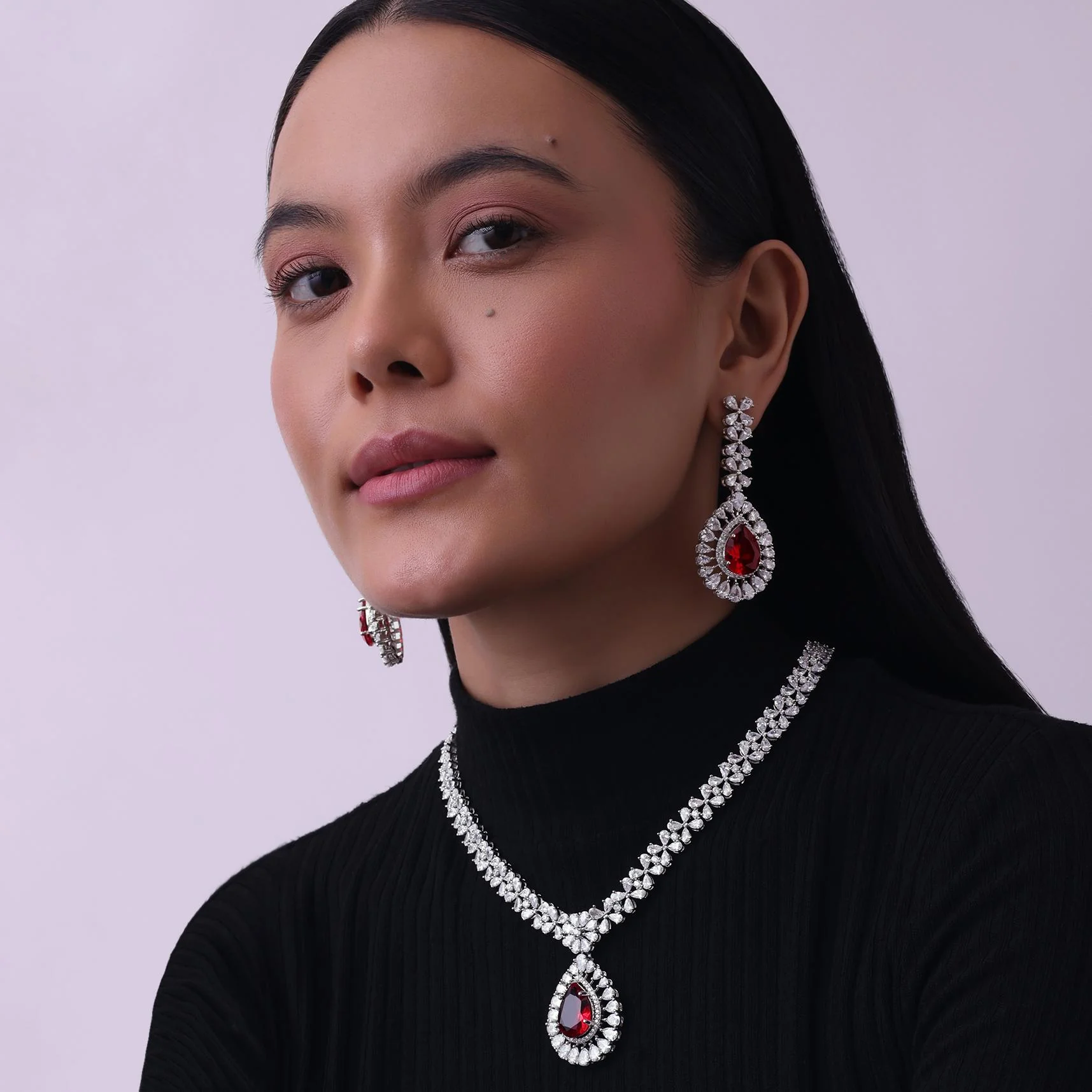 Silver Finish Necklace And Earring Set Studded With Ruby - Image 2