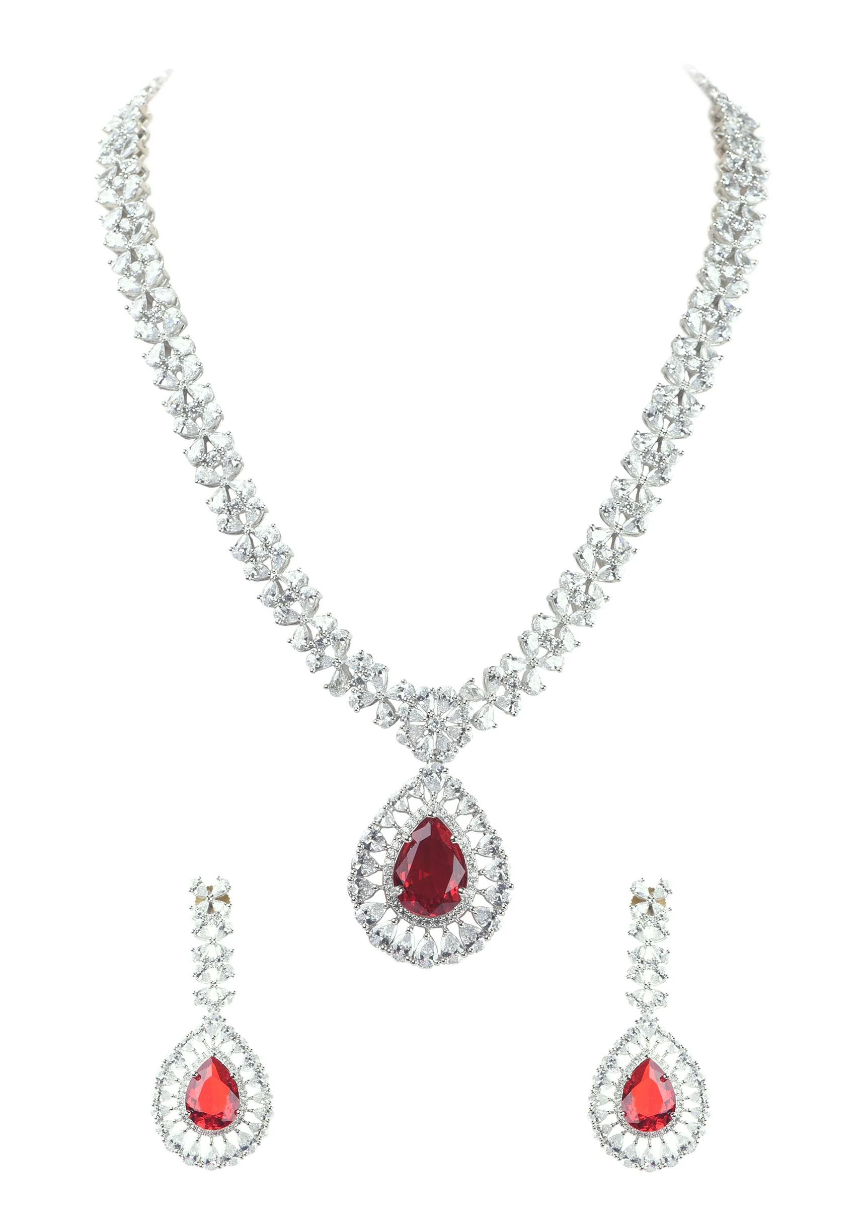 Silver Finish Necklace And Earring Set Studded With Ruby - Image 3