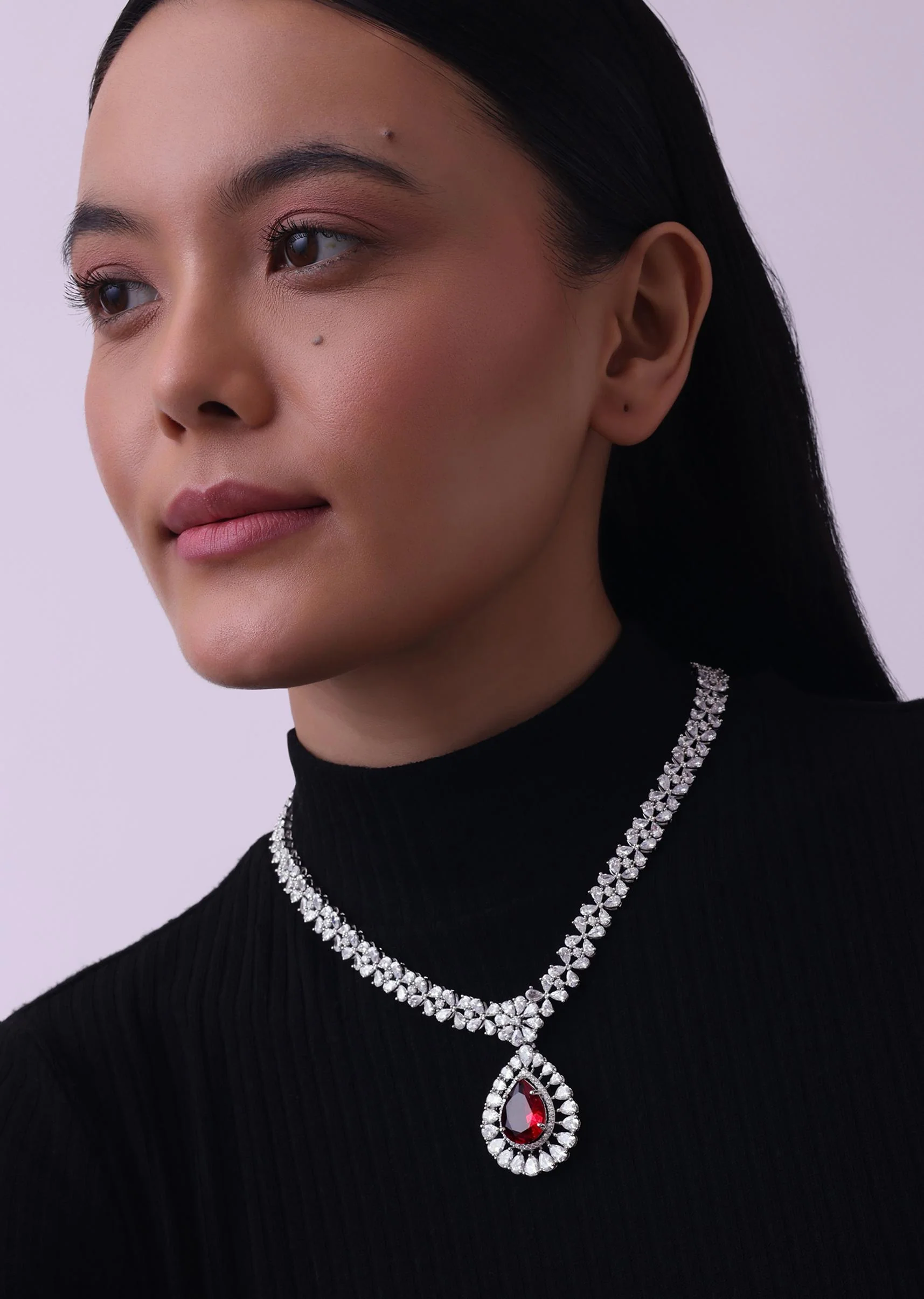Silver Finish Necklace And Earring Set Studded With Ruby - Image 4