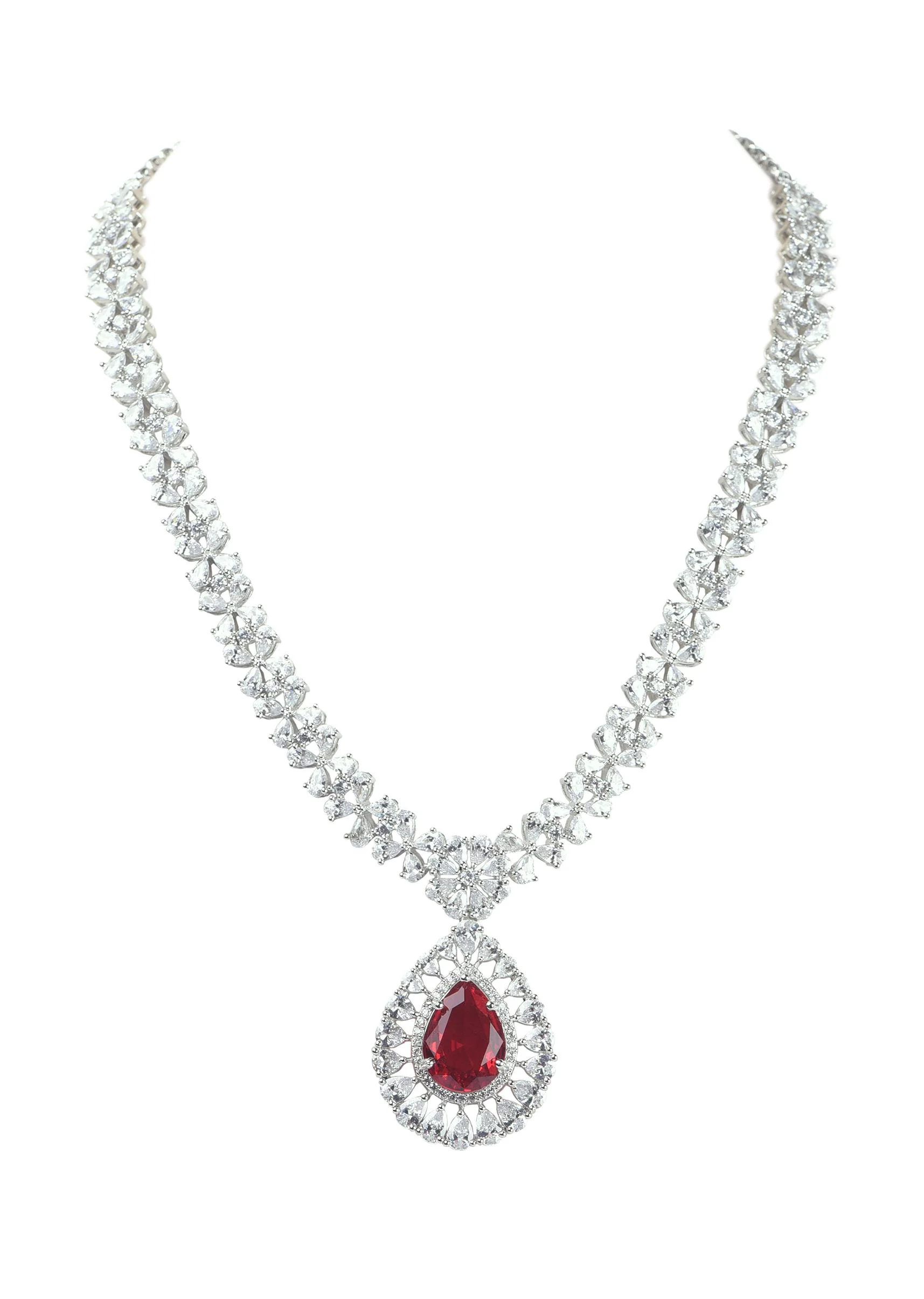 Silver Finish Necklace And Earring Set Studded With Ruby - Image 5