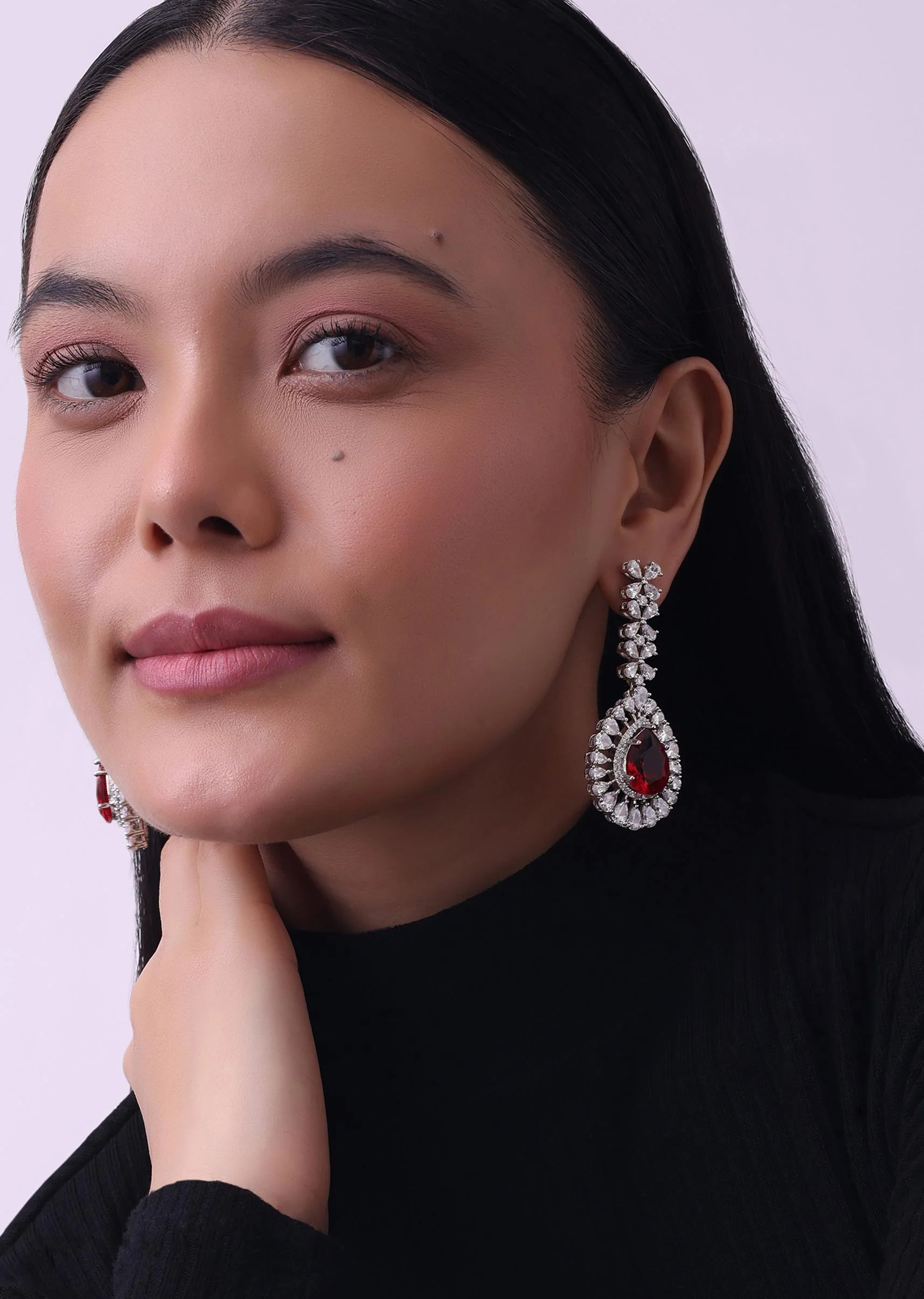 Silver Finish Necklace And Earring Set Studded With Ruby - Image 6