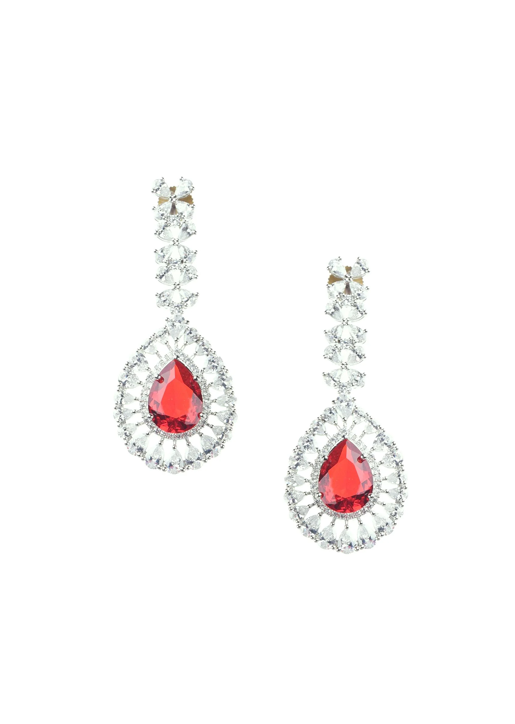 Silver Finish Necklace And Earring Set Studded With Ruby - Image 7